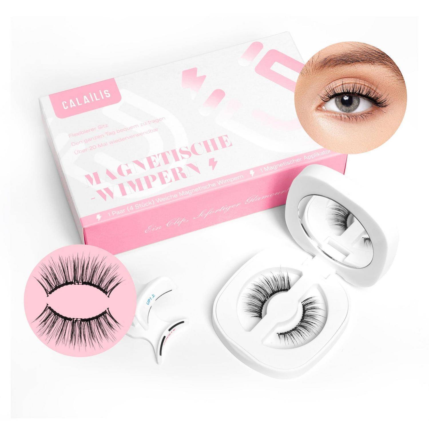 Verpackung eines rosa- und weißfarbigen magnetischen Wimpernsets mit künstlichen Wimpern in einem weißen Etui, plus Nahaufnahmen eines Auges und eines Wimpernstreifens, die das Produktergebnis zeigen.