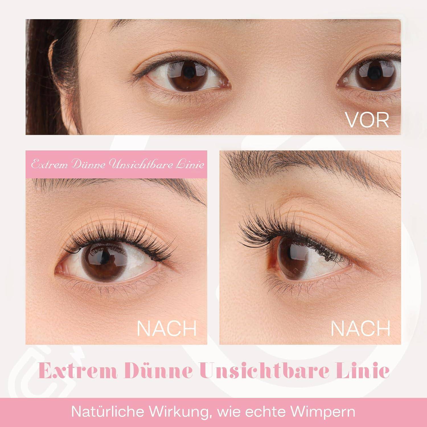 Vorher-und-Nachher-Werbung für Augenmakeup mit natürlich wirkendem verbessertem Wimpernaufschlag; der Text lautet „Extrem Dünne Unsichtbare Linie