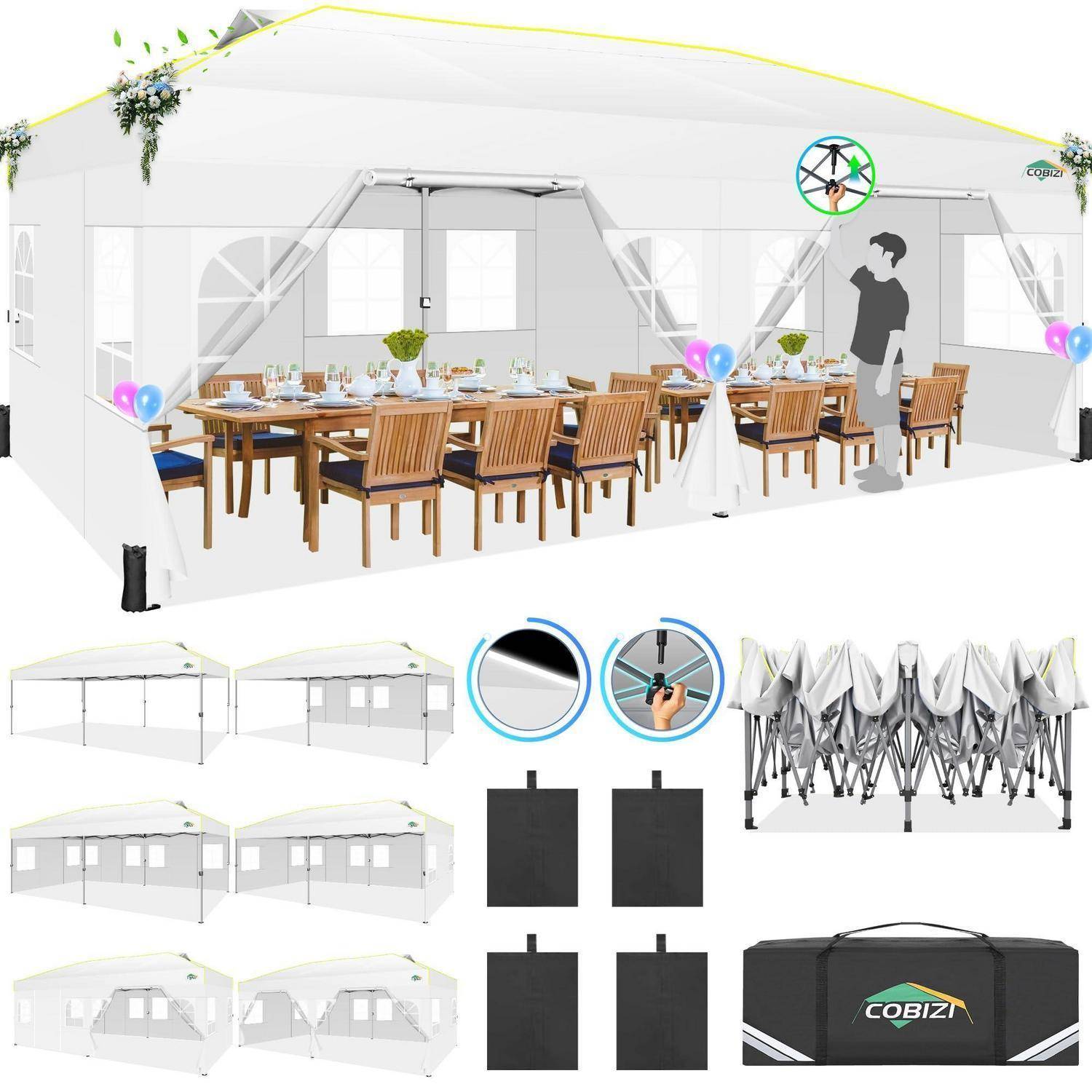 Illustration eines weißen Eventpavillons, der als Esszelt mit langen Holztischen, Stühlen, Tischdekorationen und Blumenschmuck eingerichtet ist; kleinere Bilder zeigen Zeltstruktur, Rahmen, Verbindungselemente und Aufbewahrungstasche.
