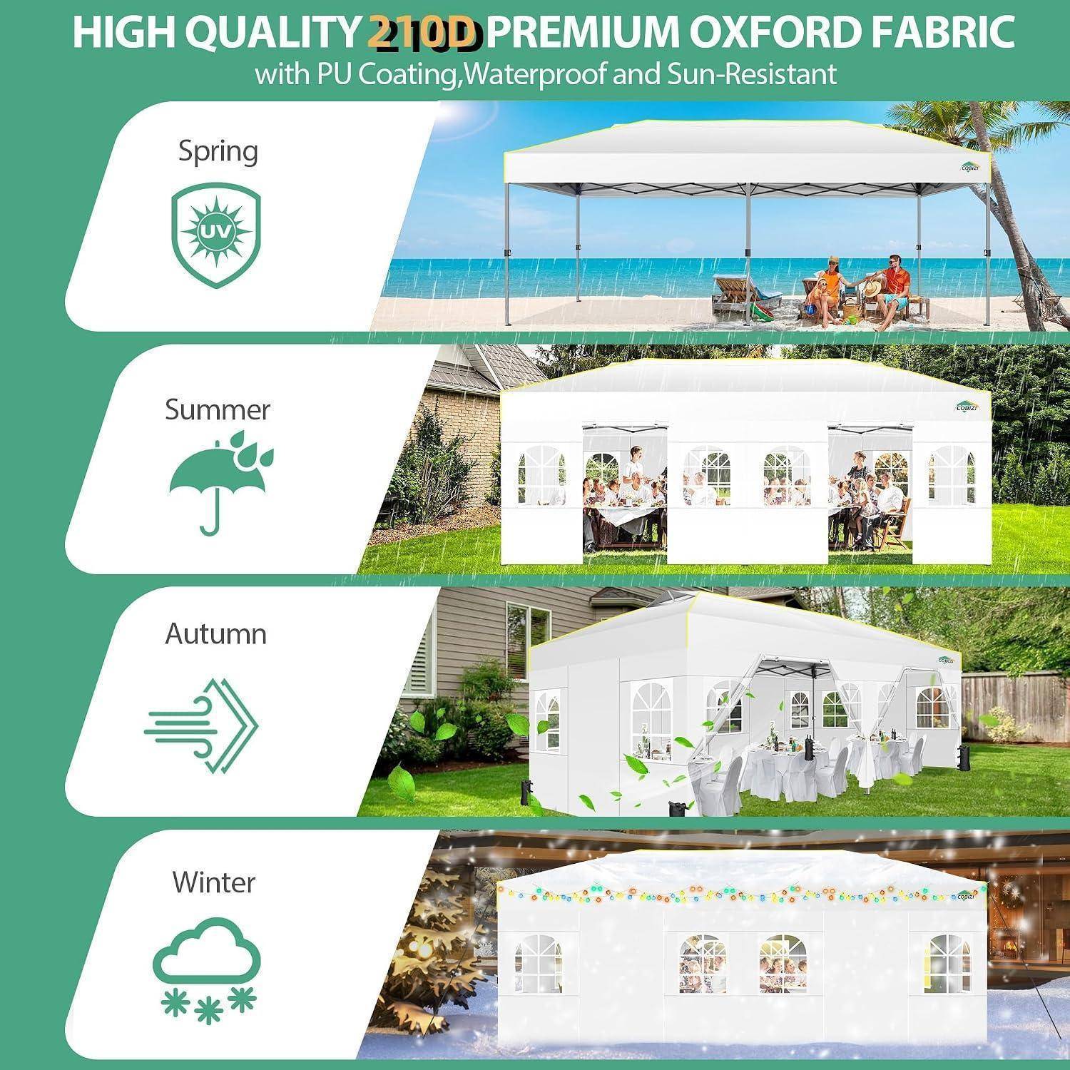 Werbegrafik für ein 210D Premium-Oxford-Stoff-Verdeck, das zeigt, dass es PU-beschichtet, wasserdicht und UV-beständig für Frühjahrs-, Sommer-, Herbst- und Winternutzung ist.