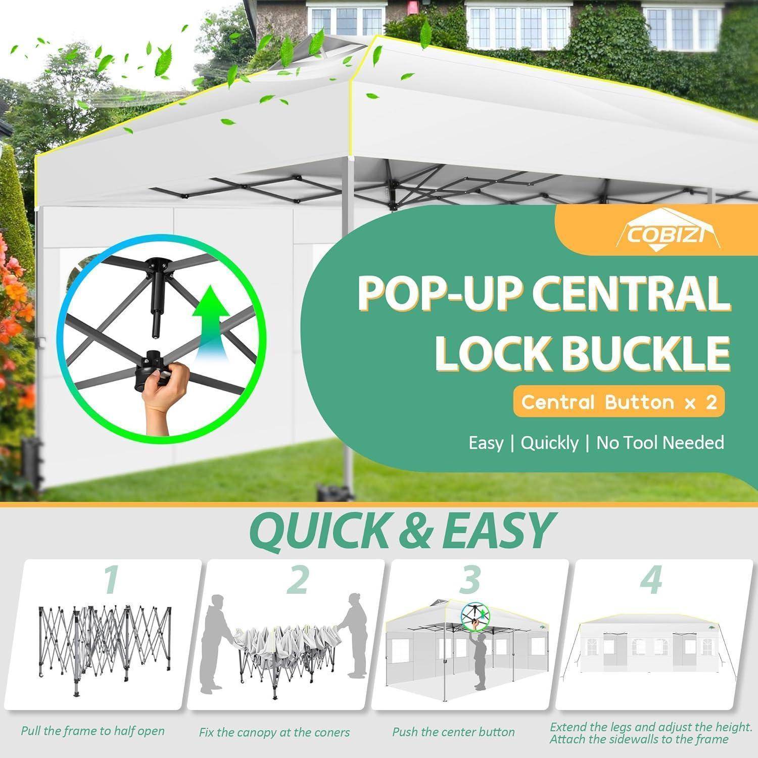 Werbegrafik für ein Pop-Up-Zelt mit Text „POP-UP ZENTRALVERRIEGELUNG SCHNALLE" und „SCHNELL & EINFACH"", zeigt zentrale Tastenverriegelung und 4-Schritt-Aufbauanleitung.