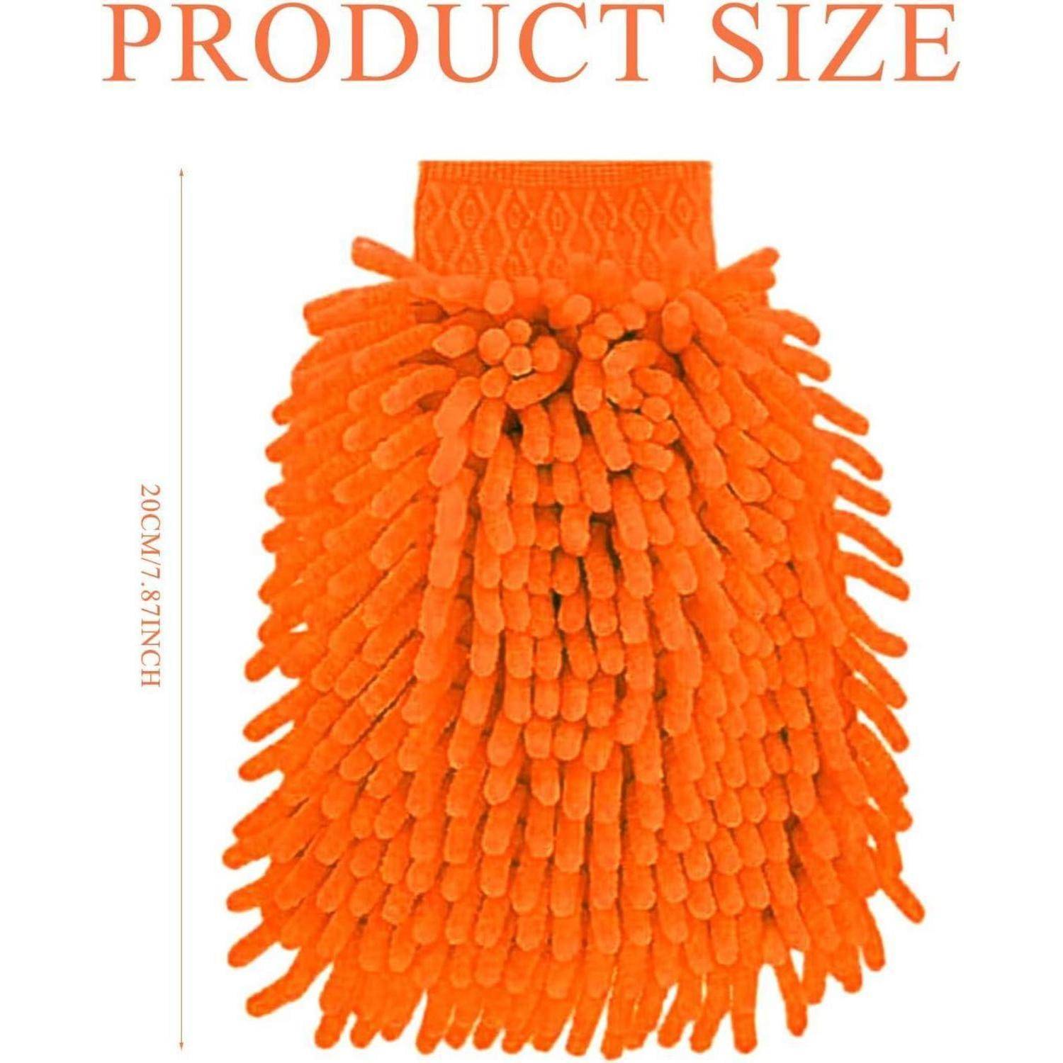 Orange Chenille-Reinigungshandschuh mit der Bezeichnung „PRODUCT SIZE