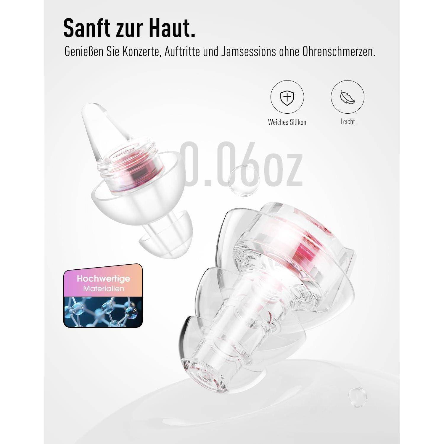 Werbebild von transparenten Silikon-Ohrstöpseln mit deutschem Text „Sanft zur Haut.