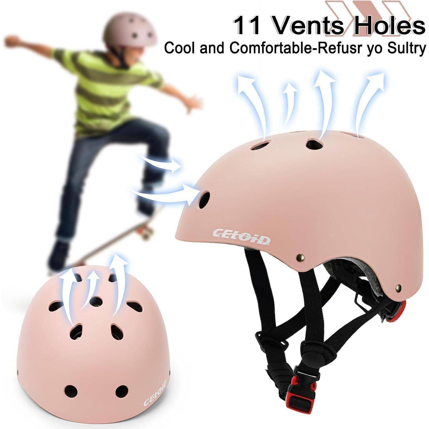 Rosa Skateboard-Helm in mehreren Ansichten mit 11 Lüftungsöffnungen und Riemen, sowie Pfeilen, die die Luftströmung anzeigen; Text besagt „11 Lüftungslöcher