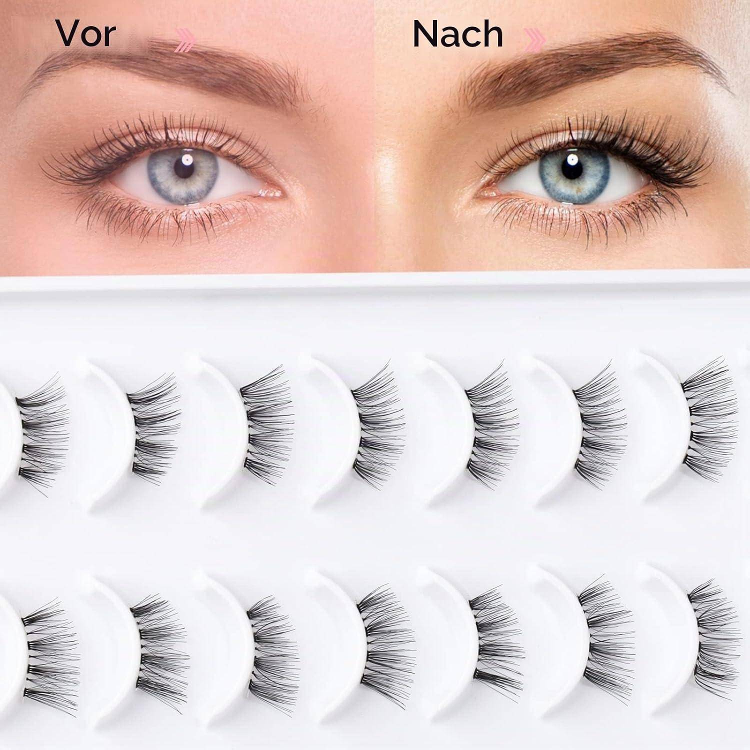 Vorher-und-Nachher-Nahaufnahme eines Auges mit längeren, volleren Wimpern mit den Beschriftungen „Vor