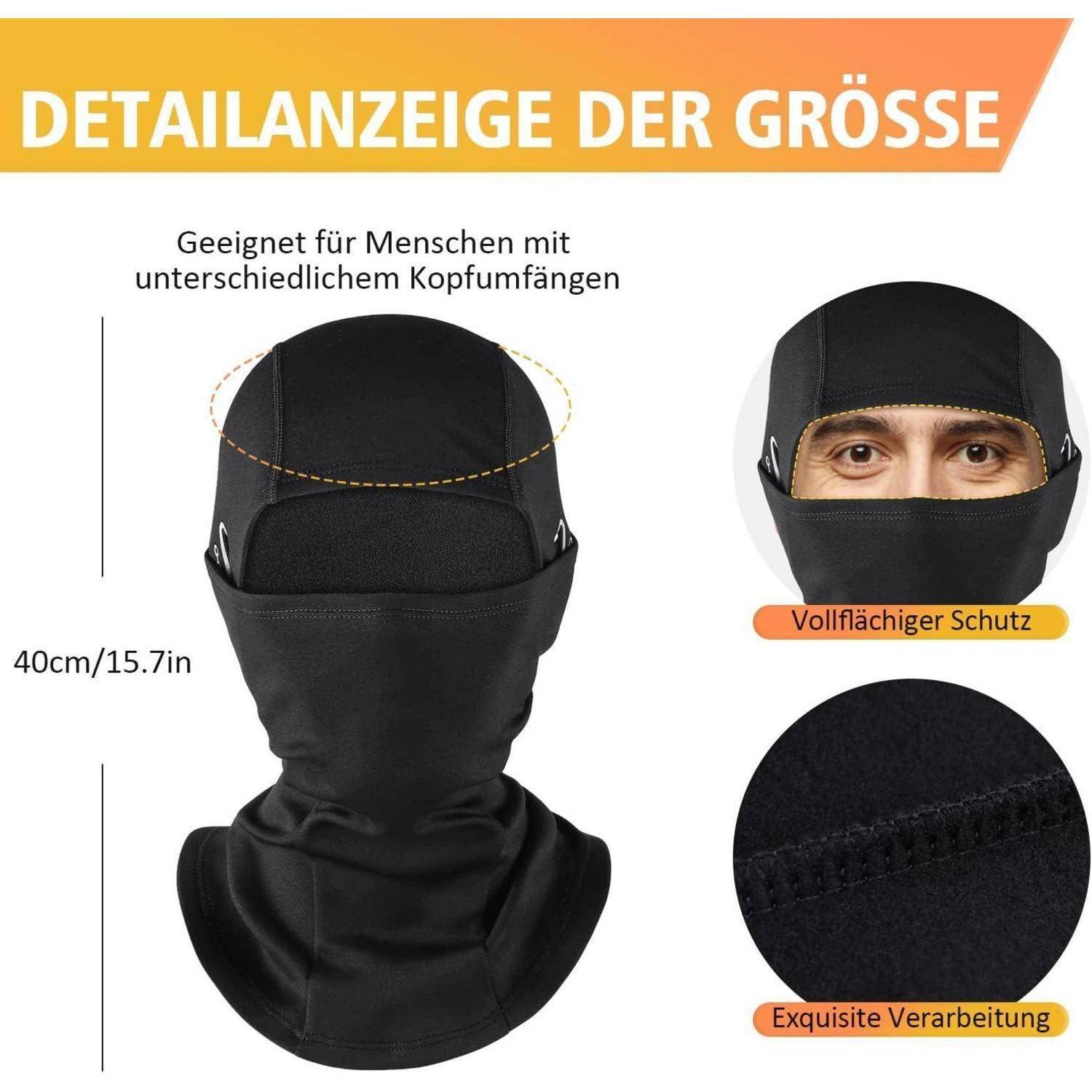 Deutscher Größenvergleich für eine schwarze Sturmhaube, die 40 cm/15,7 Zoll Passform für verschiedene Kopfumfänge zeigt, vollständigen Gesichtsschutz und Details der Nähte in Nahaufnahme.