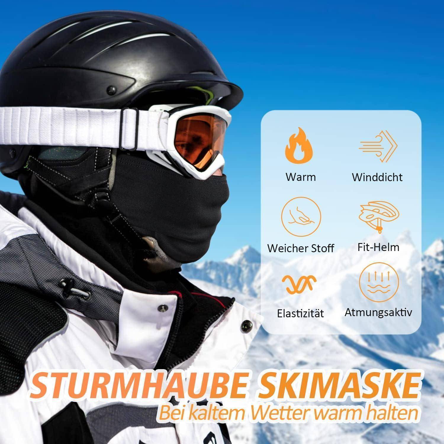 Skifahrer trägt eine schwarze Sturmhaube und Skibrille; die Anzeige hebt „Sturmhaube Skimaske