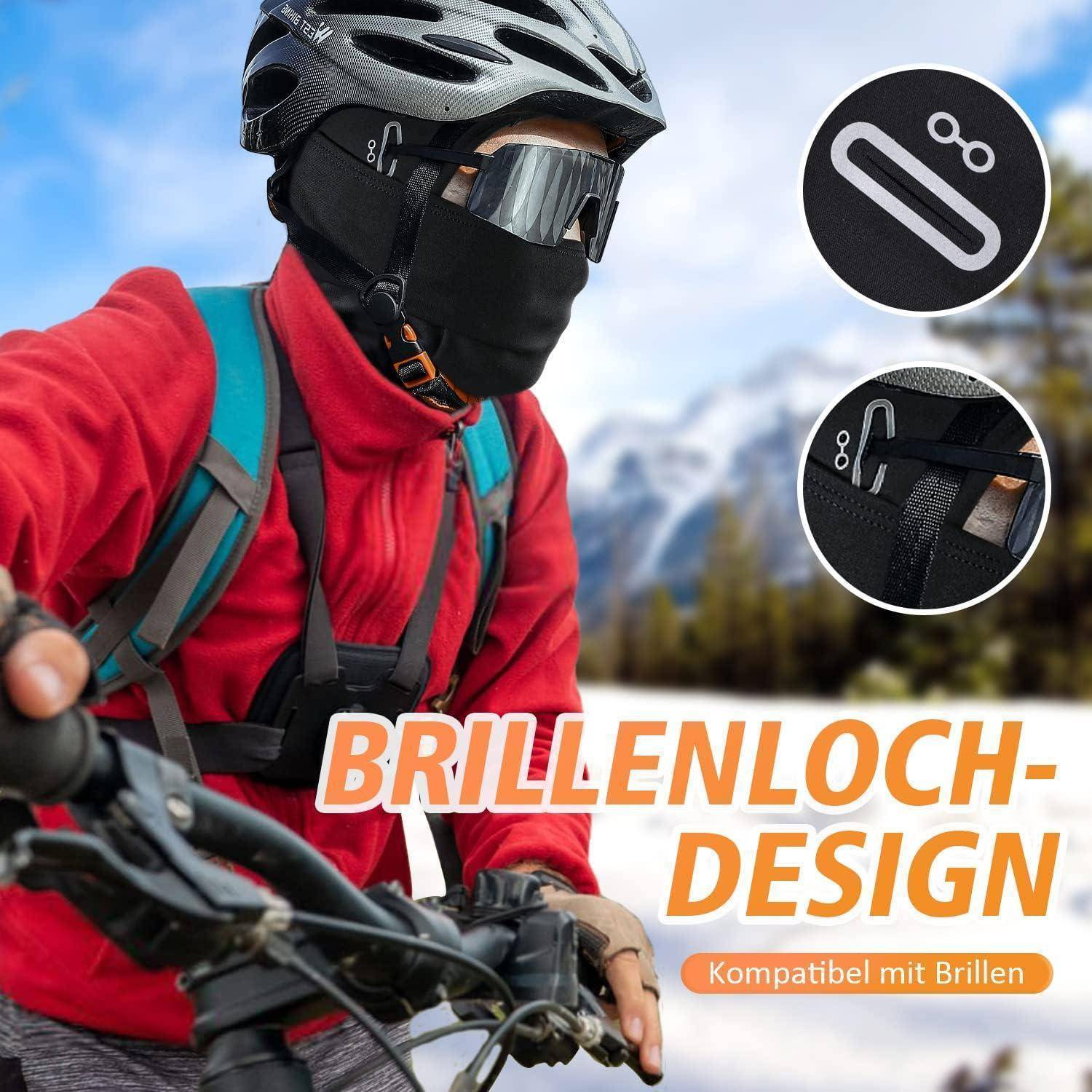 Radfahrer mit Helm und Skibrille auf einem Bergpfad, mit Detailansichten und deutschem Text „BRILLENLOCH-DESIGN