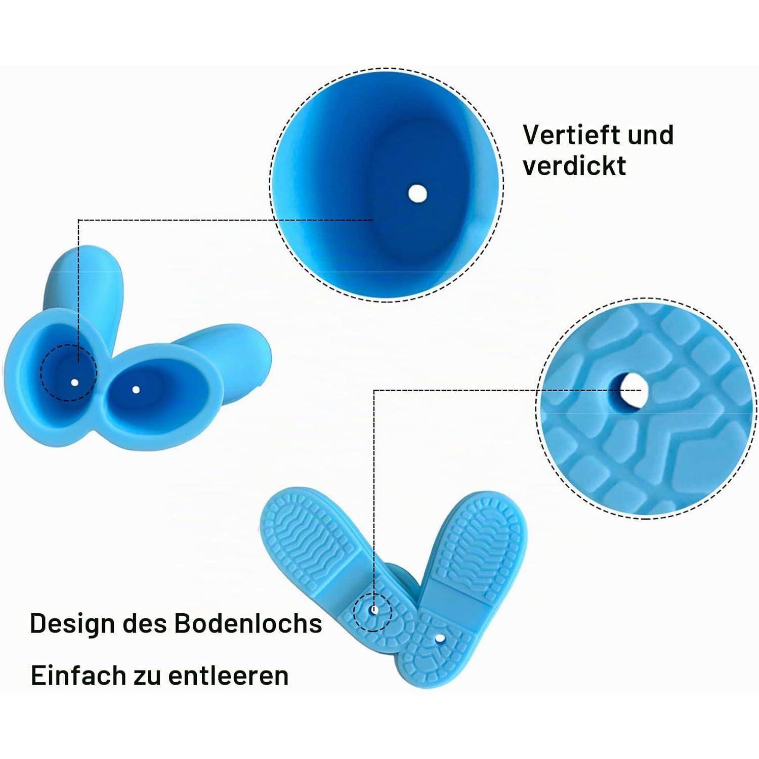 Diagramm blauer Schuhsohlen mit vertieftem, verdicktem Ablauchloch und strukturiertem Profil für einfache Entleerung; deutsche Textbeschriftungen kennzeichnen die Sohlenlochkonstruktion und einfache Drainage.