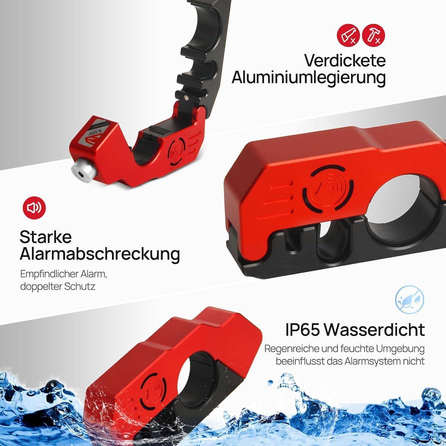 Rot-schwarzes Alarmsperrschloss in drei Ansichten, hervorhebend robuste Aluminium-Legierung, laute Alarmabschreckung und IP65-Wasserschutz.