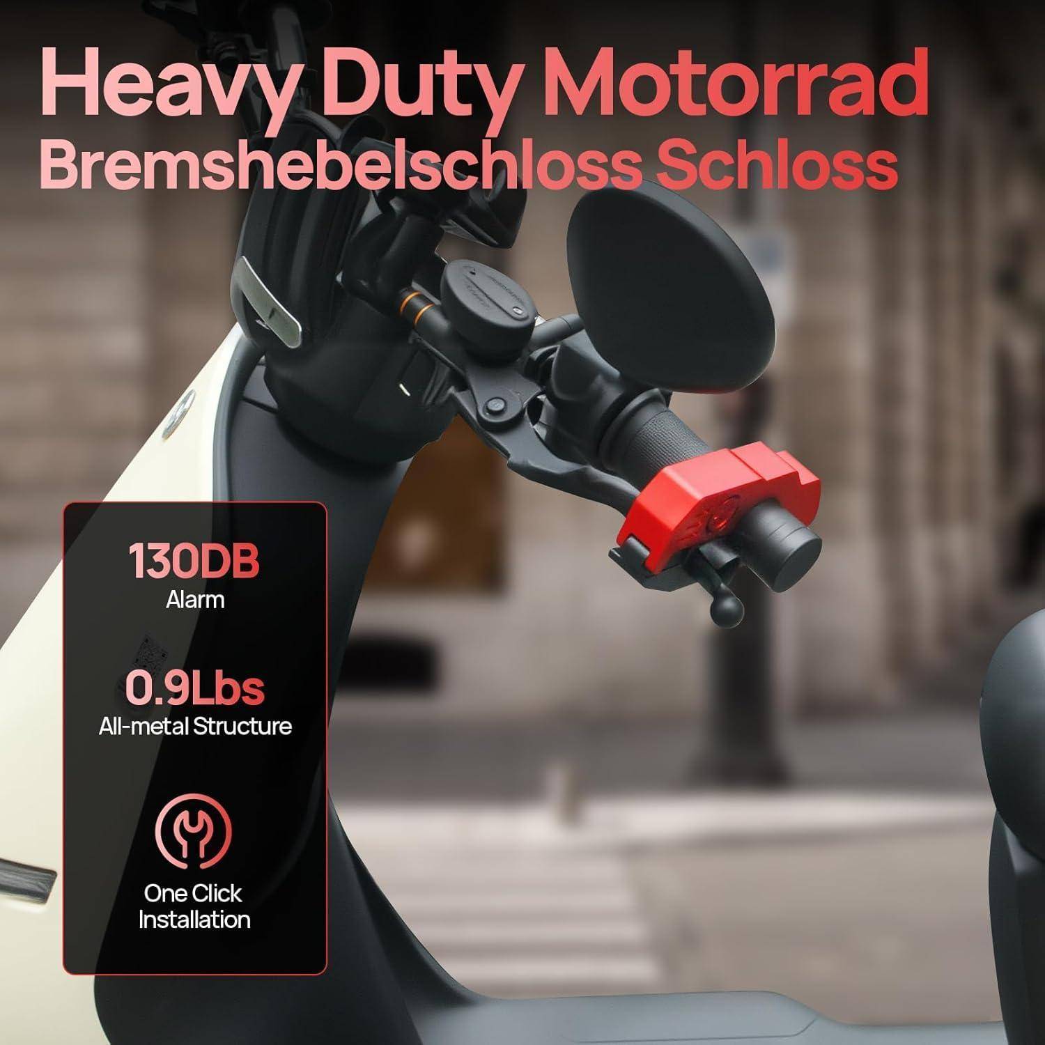 Robustes Motorrad-Bremshebel-Schloss mit Alarm, gezeigt an einem Roller-Lenker; Text hebt hervor '130DB Alarm', '0,9 Lbs Vollmetallstruktur' und 'Installation mit einem Klick'.