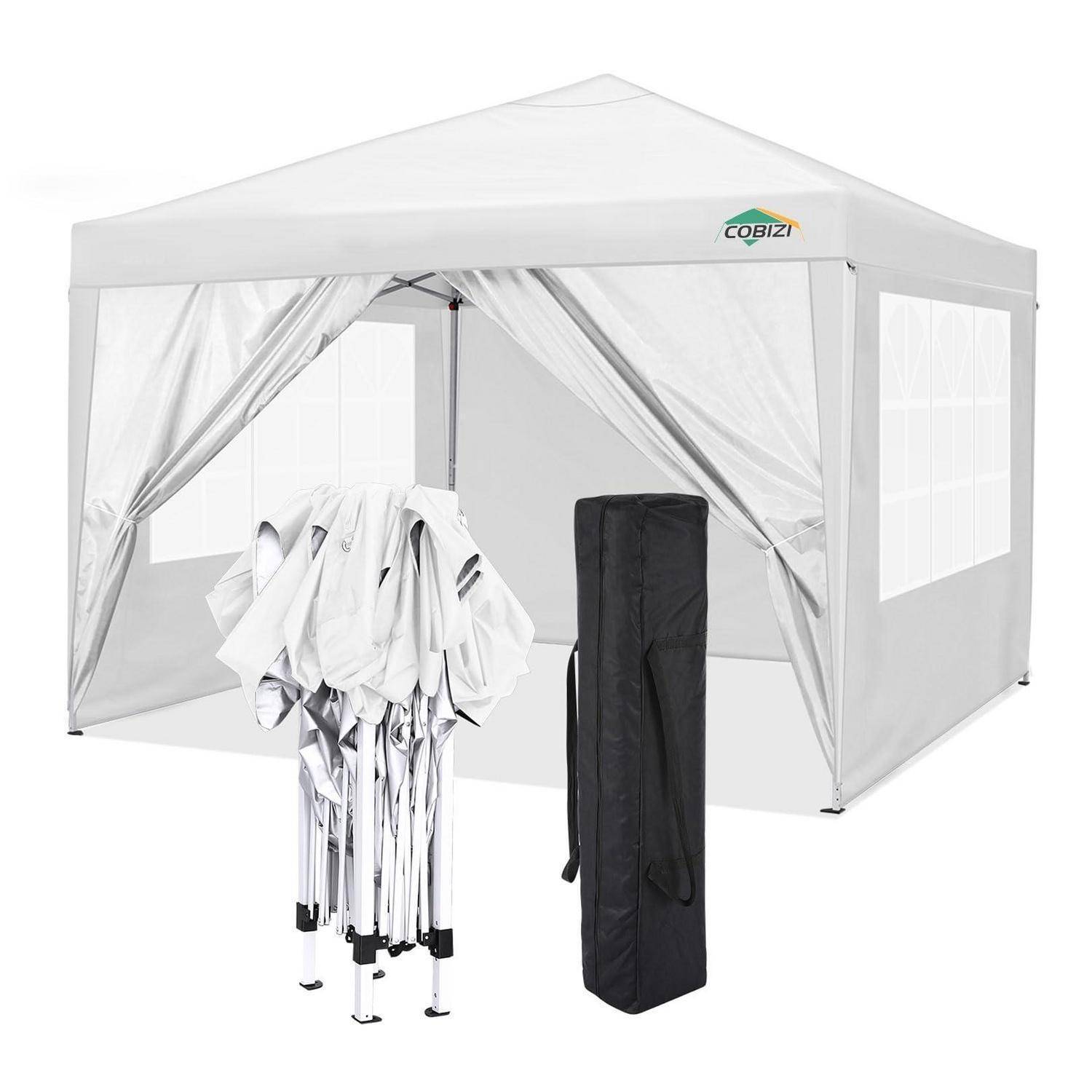 Weißes Pop-up-Baldachindach mit Netzfenstern und Vorhangöffnung, gezeigt mit zusammengeklapptem Zeltrahmen und schwarzer Tragetasche im Vordergrund.