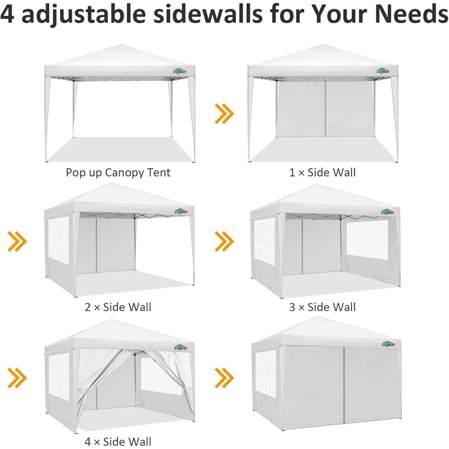 Grafik mit einem Pop-up-Pavillon mit 0 bis 4 Seitenwänden, beschriftet mit „Pop-up-Pavillon", „1 x Seitenwand"", „2 x Seitenwand"", „3 x Seitenwand"" und „4 x Seitenwand"