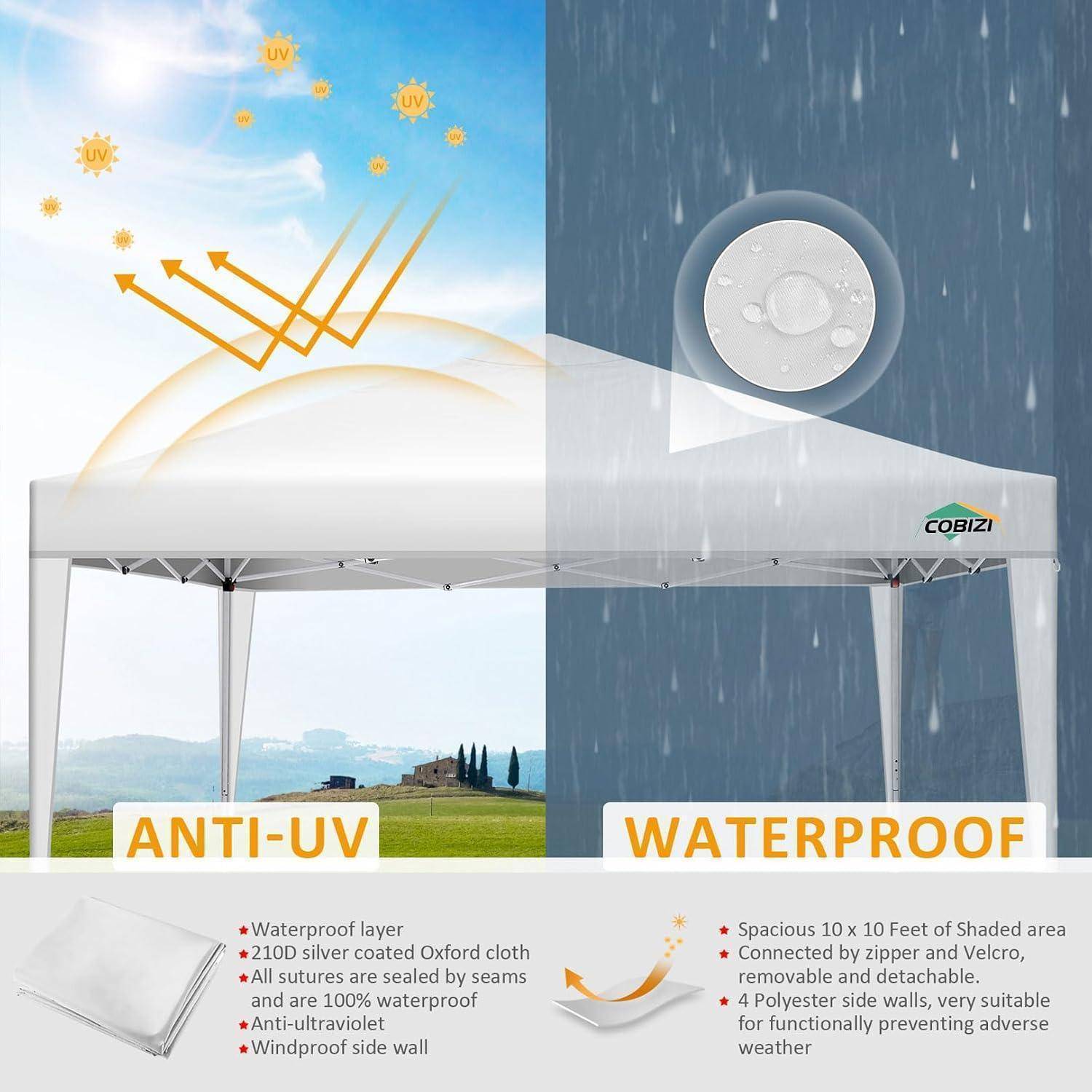 Illustration eines weißen Baldachins-Zeltes mit UV-Schutz und Wasserdichtigkeit, wobei Sonnenstrahlen auf der einen Seite blockiert werden und Regentropfen auf der anderen Seite abperlen.