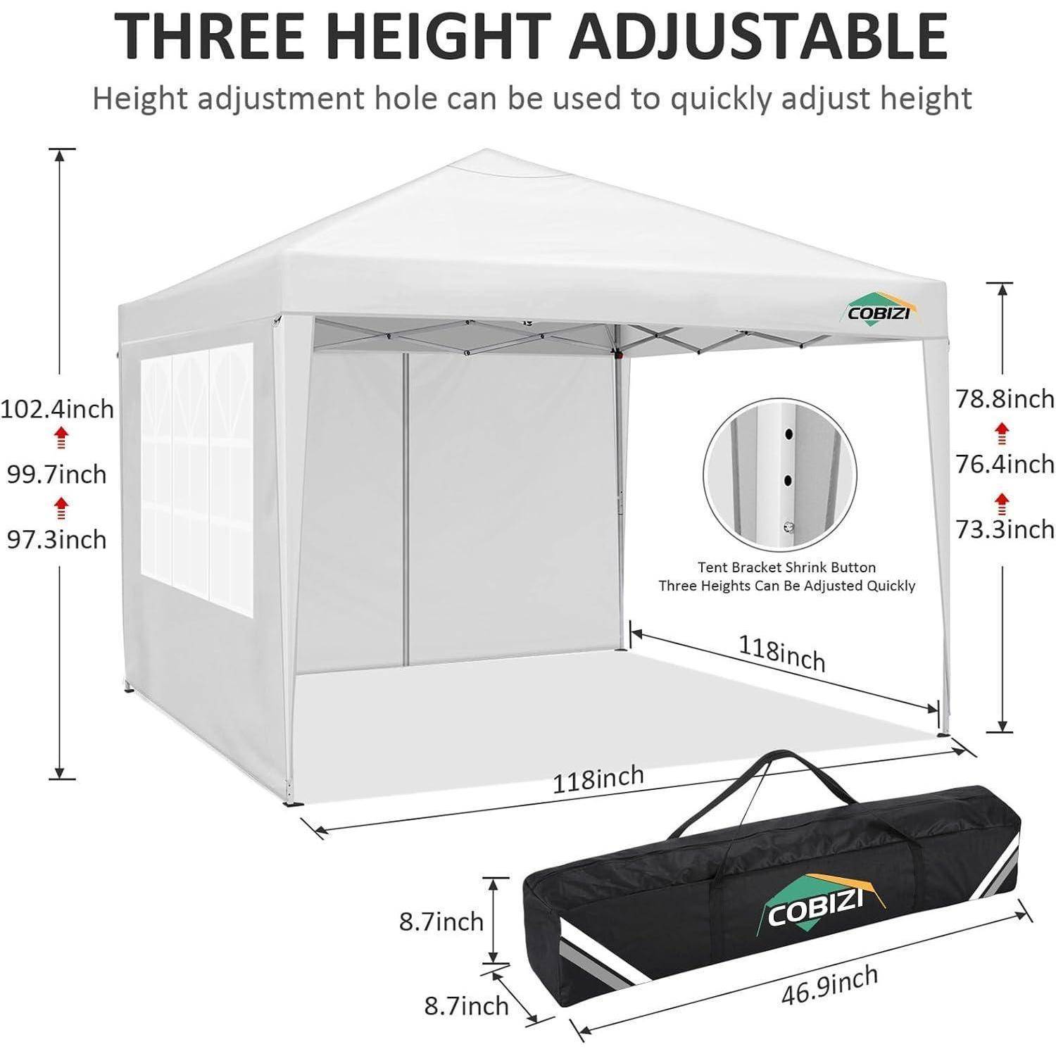 Diagramm eines weißen Popup-Baldachins mit drei einstellbaren Höhen, gekennzeichnet mit 97,3, 99,7, 102,4 Zoll und 73,3, 76,4, 78,8 Zoll, plus 118-Zoll-Seiten und einer 46,9-Zoll-Tragetasche.