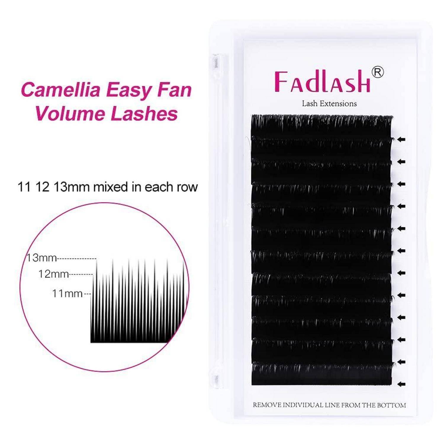 Camellia Easy Fan Volume Wimpernpaket mit gemischten Reihen von 11, 12, 13 mm und einem Tablett mit Wimpernverlängerungen.