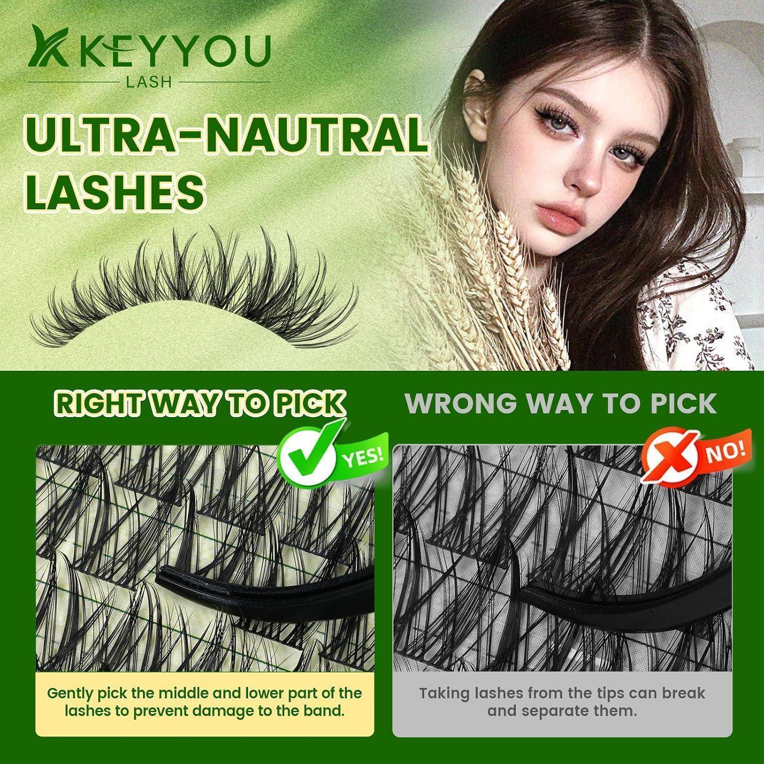 Werbegrafikfür KEYYOU ultra-natürliche Wimpern mit einem Modell, einer künstlichen Wimpernfassung und einer Seite-an-Seite-Anleitung: „RICHTIGE ART ZUM AUSWÄHLEN