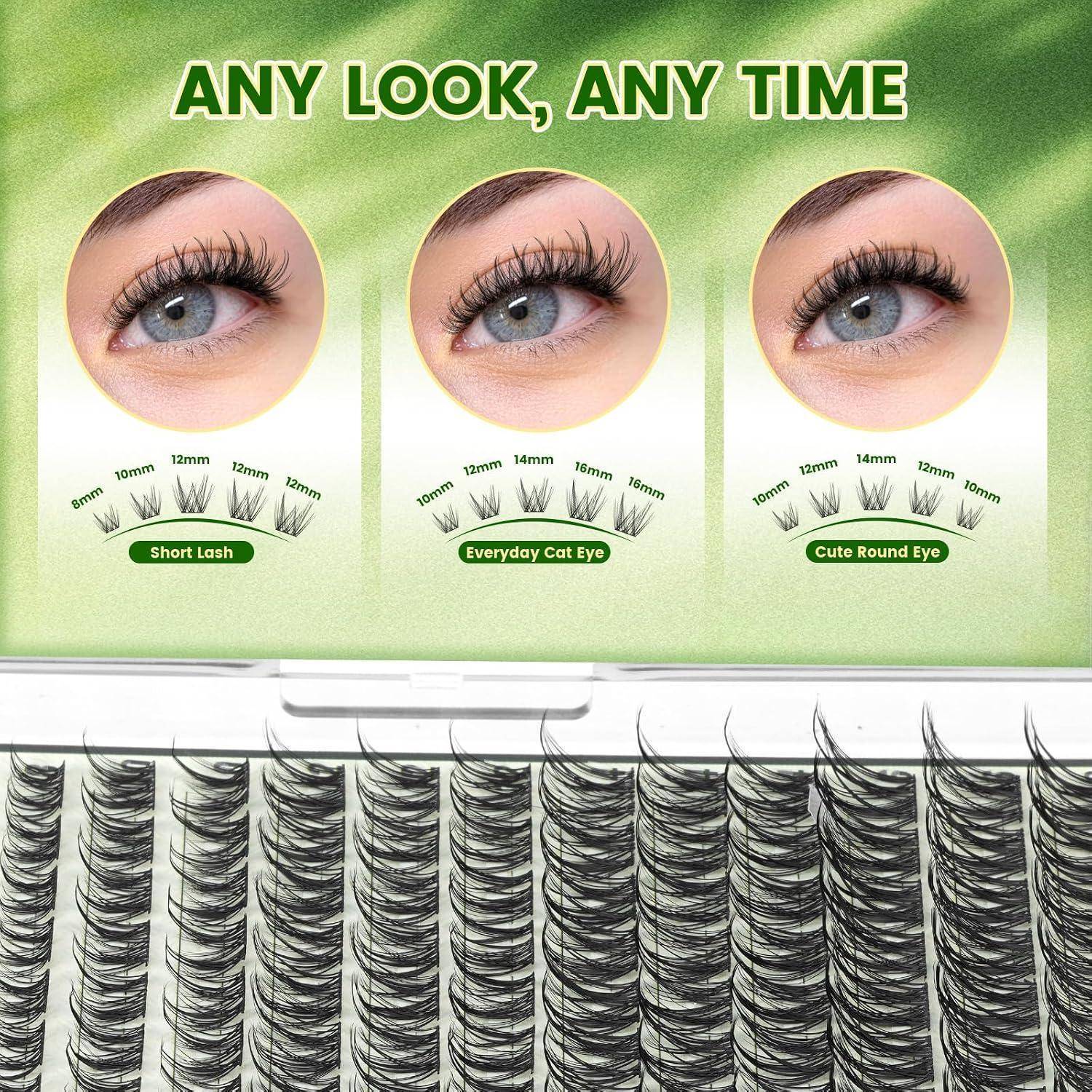 Leitfaden für Wimpernstile mit drei Augenlooks: Kurze Wimpern, alltägliches Cat Eye und süßes rundes Auge, mit verschiedenen unten angezeigten Wimpernlängen.