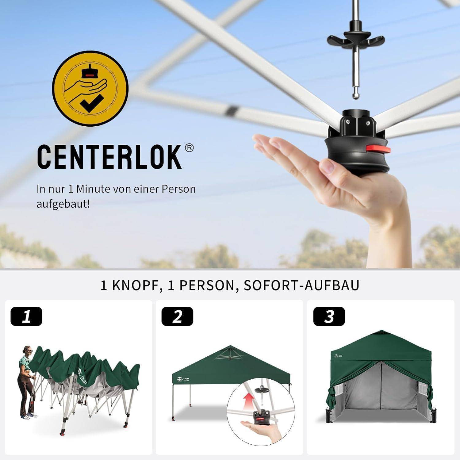 CENTERLOK Zeltverriegelungssystem-Anzeige mit einer Hand, die einen zentralen Nabe befestigt; Der Text besagt, dass es in 1 Minute von einer Person zusammengebaut wird und „1 Knopf, 1 Person, Sofortaufbau".