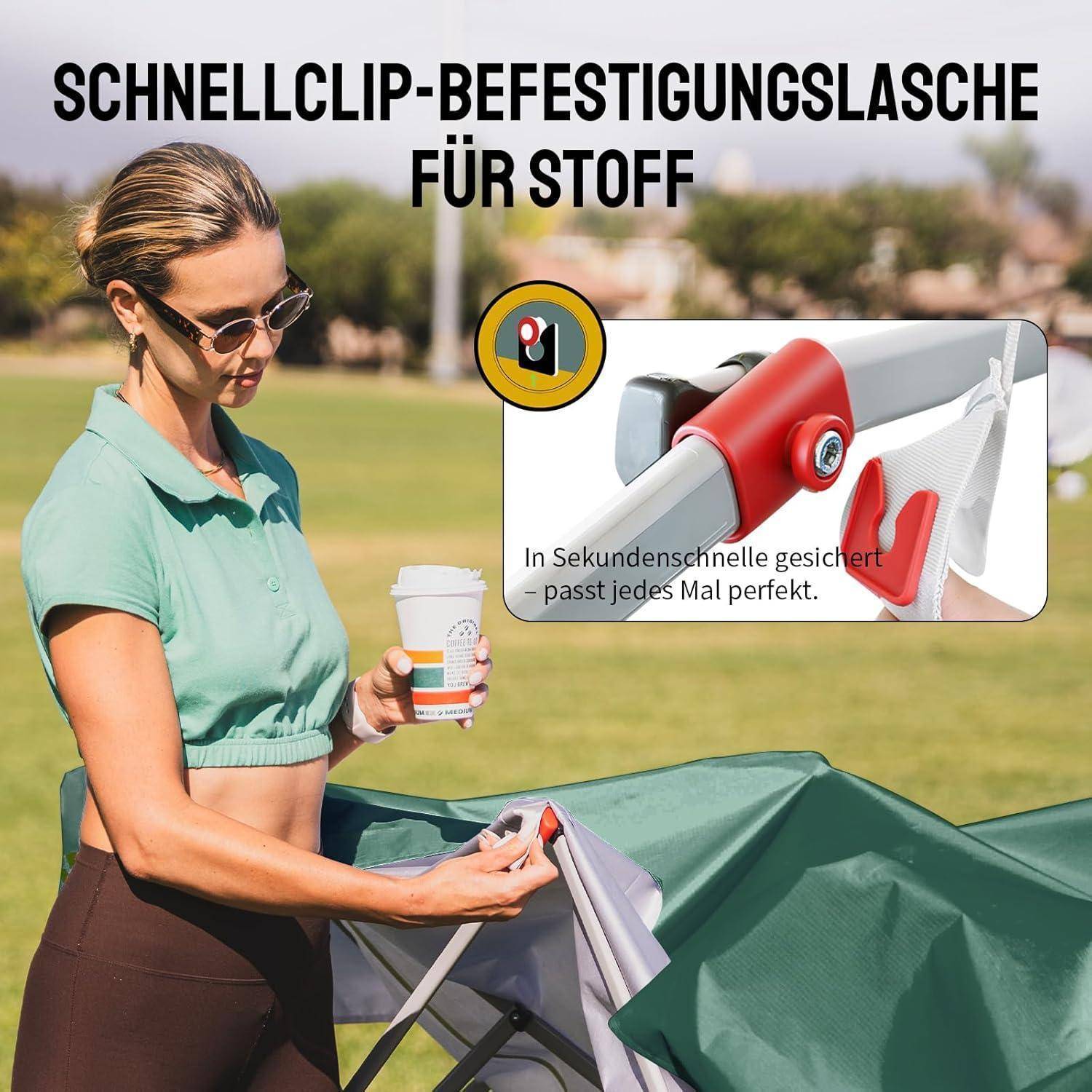 Frau befestigt eine grüne Stoffabdeckung auf einem Rahmen mit einer Schnellclip-Befestigungslasche; die Nahaufnahme zeigt den Clip und deutschen Text „SCHNELLCLIP-BEFESTIGUNGSLASCHE FÜR STOFF" und „In Sekundenschnelle gesichert - passt jedes Mal perfekt."