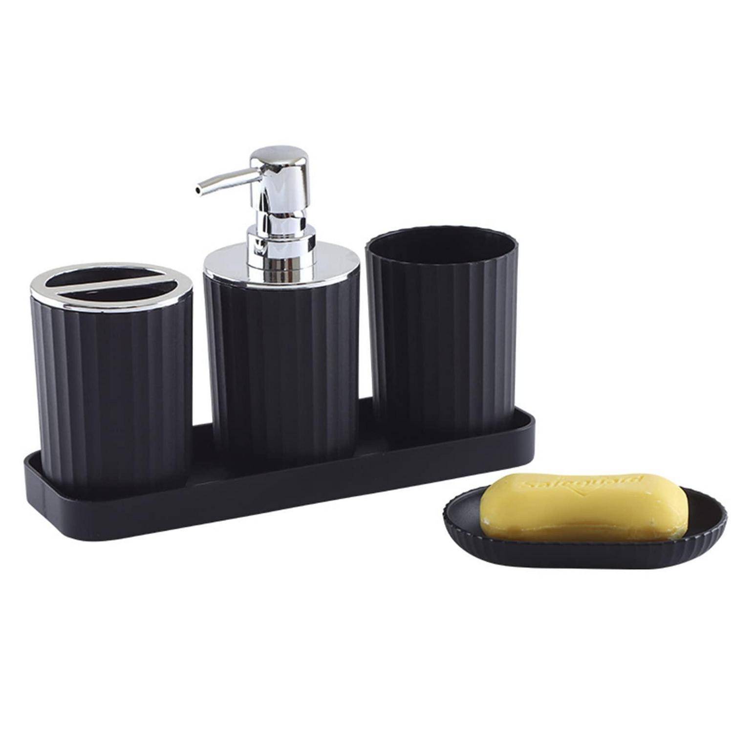 Schwarzes Badezimmer-Zubehörset mit Seifenspender, Zahnbürstenhalter, Becher und Seifenschale mit einem Stück Seife