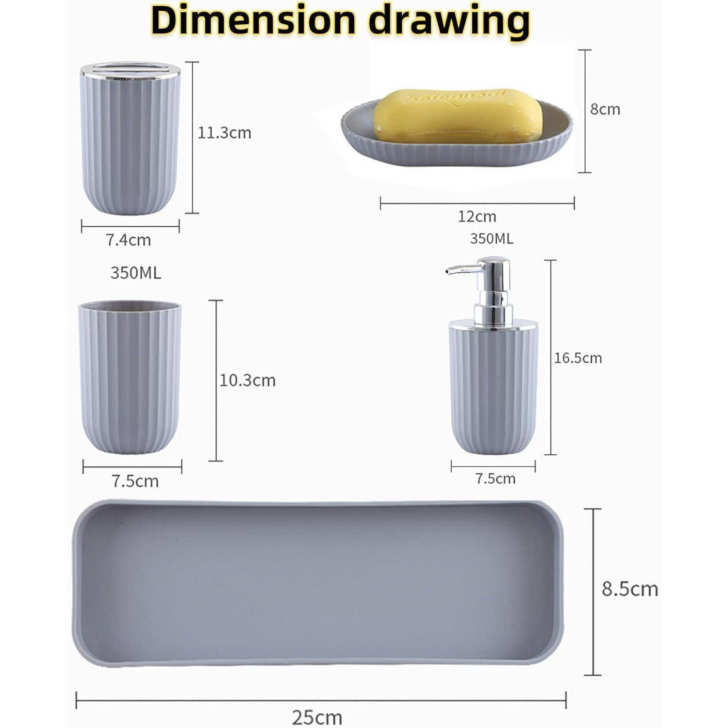 Maßzeichnung eines grauen Badezimmersatzes mit Größen für einen Zahnputzbecher, eine Seifenschale, einen Seifenspender und ein Tablett, mit Maßangaben in cm und 350ml-Beschriftungen.