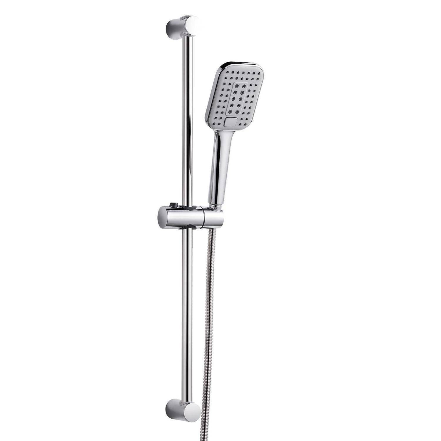 Chrom-Duschrille mit verstellbarem Handbrause-Duschkopf und Schlauch auf weißem Hintergrund.