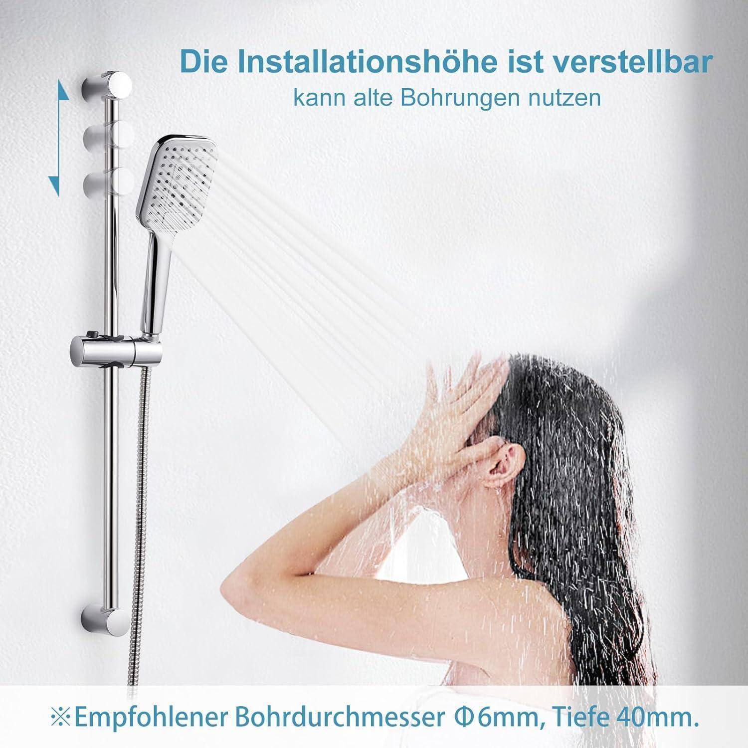 Duschstange in verstellbarer Höhe mit Handbrause, eine Frau beim Duschen; deutscher Text besagt, dass vorhandene Bohrlöcher verwendet werden können.