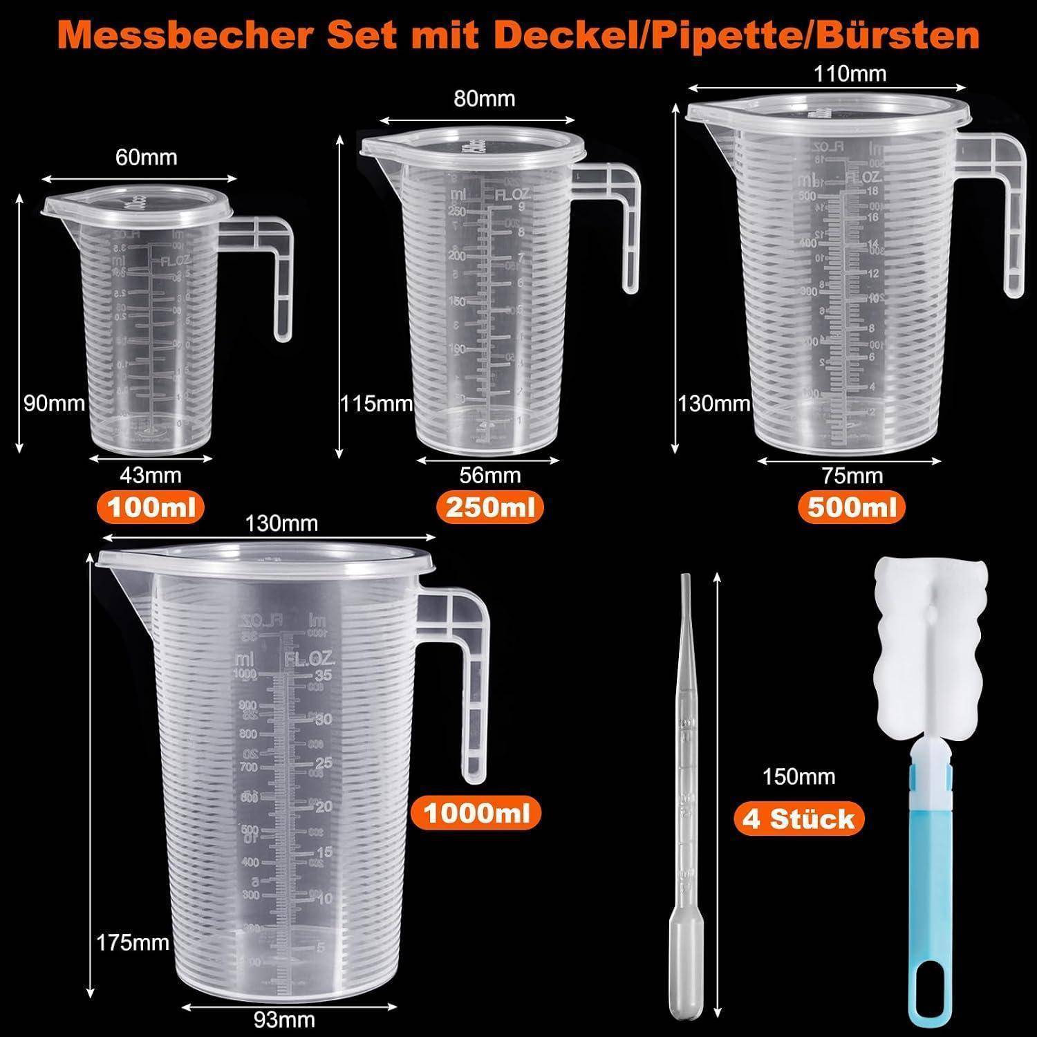 Diagramm mit einem Messbecherset mit Deckel, Pipette und Pinseln, beschriftet mit 100ml, 250ml, 500ml und 1000ml mit Abmessungen in mm für jeden Gegenstand.