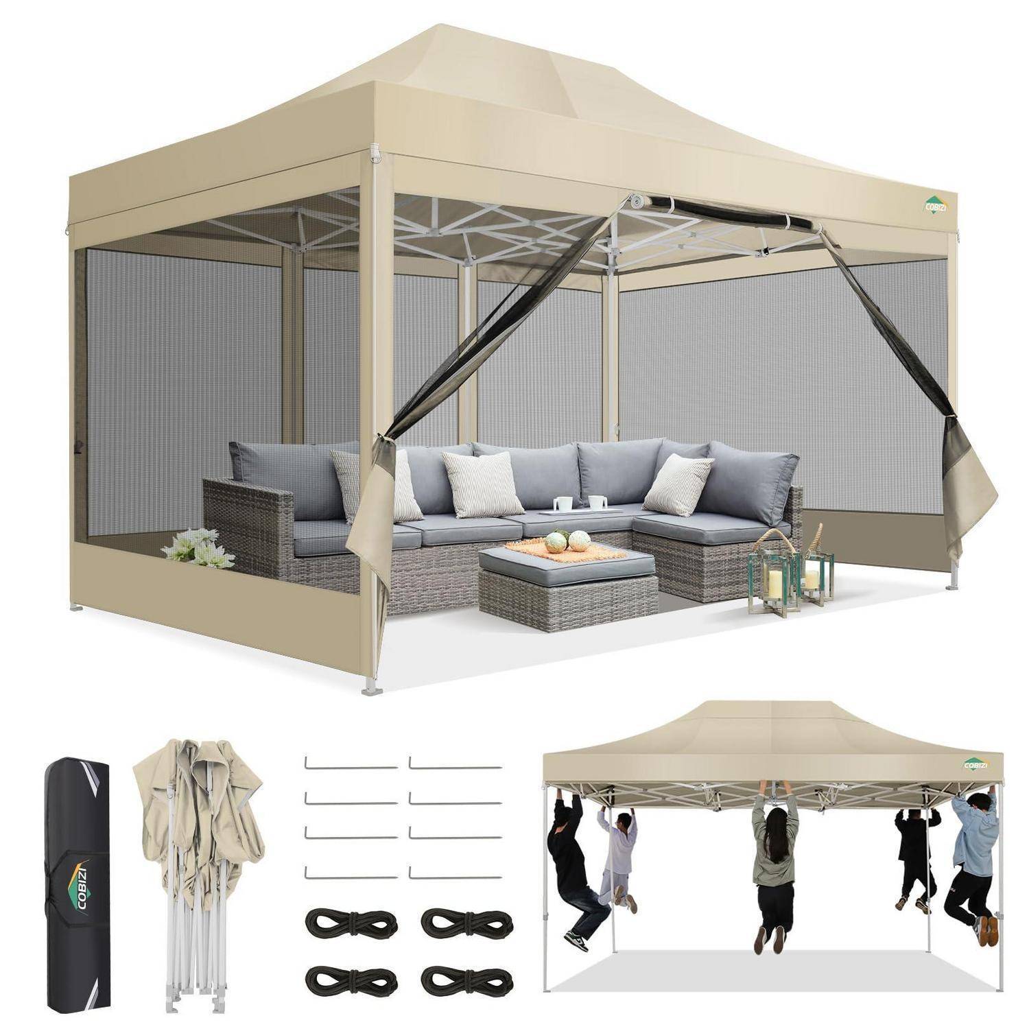 Beiger Pop-up-Baldachindach mit Seitenwänden, modulare Terrassenbestuhlung und enthaltene Tragetasche, Seile, Heringe und Clips; untere Bilder zeigen zusammengeklapptes Dach und hängende Unterstützungsanordnung.