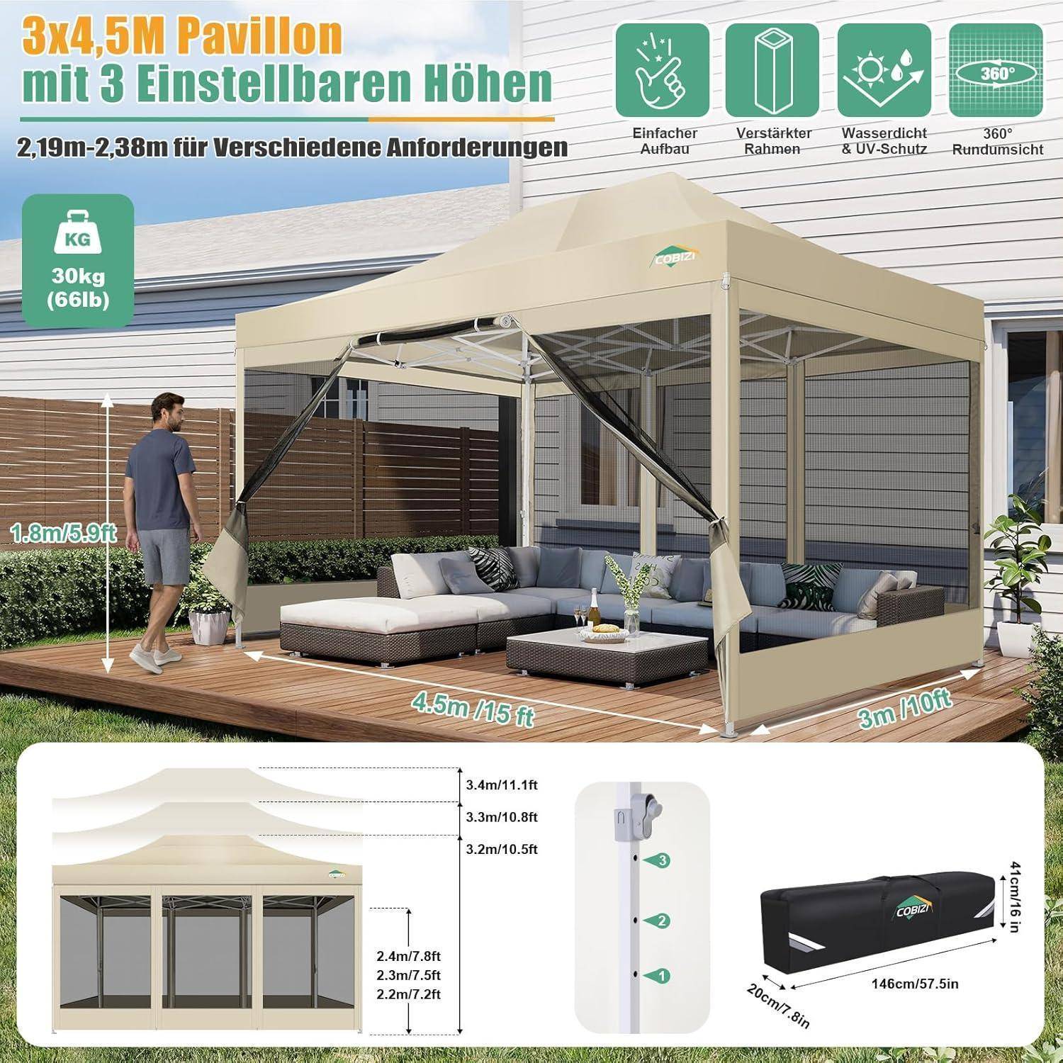 Illustriertes 3x4,5 m Gartenpavilion mit 3 einstellbaren Höhen, 30 kg Tragfähigkeit, wasserdichtes UV-beständiges Dach und Abmessungen gekennzeichnet in Metern und Fuß.