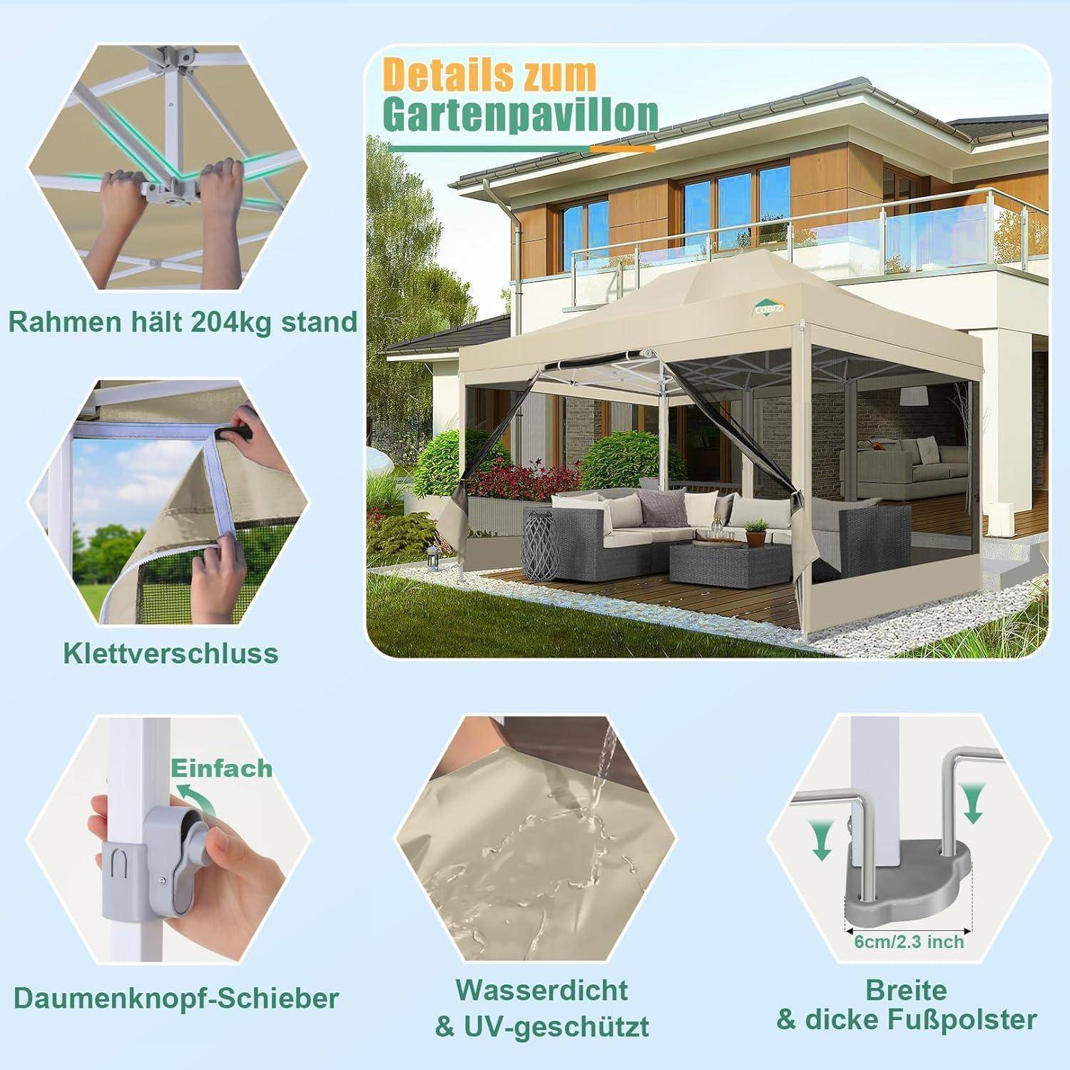 Werbegrafik eines Gartenpavillon mit Terrassenmöbeln unter einem Vordach, plus Nahaufnahmen mit einem 204 kg Rahmen, Reißverschlussschluss, Schiebregler mit Daumentaste, wasserfestes UV-geschütztes Gewebe und 6 cm breite Fußpolster.