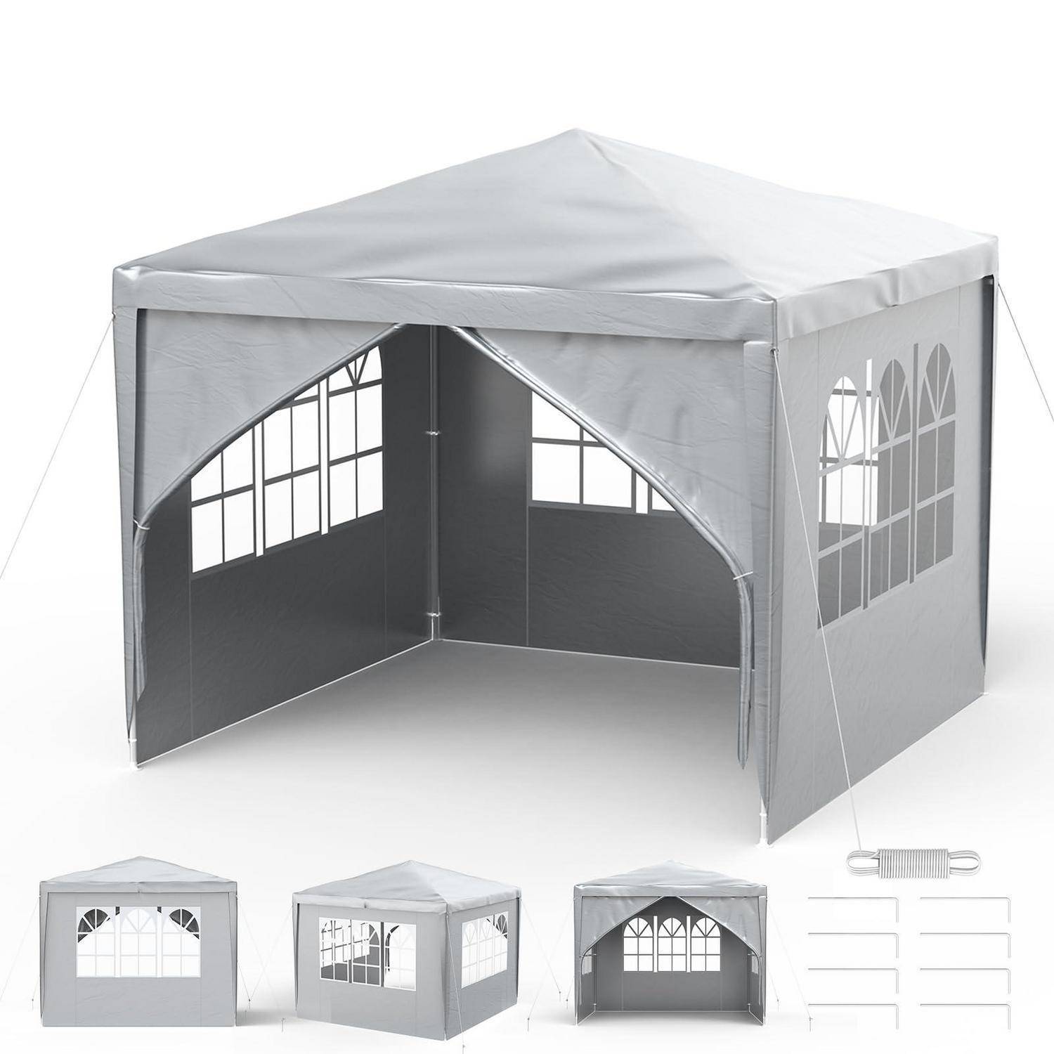 Grauer Pop-Up-Pavillon mit Seitenpaneelen mit Fenster, gezeigt geöffnet in der Hauptansicht mit drei kleineren Ansichten und Montagekomponenten darunter.