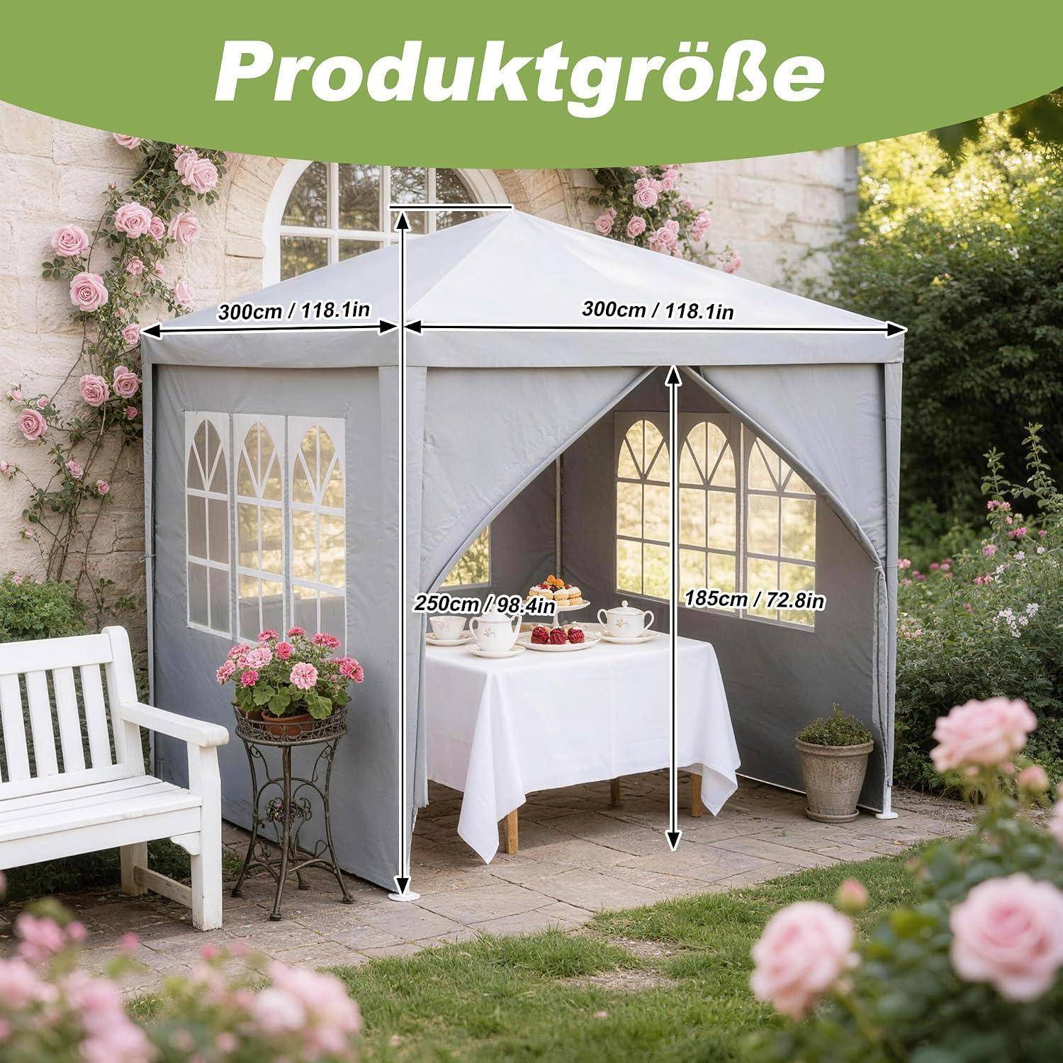 Illustriertes Produktgrößendiagramm eines Gartenpavillon-Zelts, beschriftet mit „Produktgröße", zeigt 300 cm Breite und 250 cm/185 cm Höhen, mit einem Tisch im Inneren als Maßstab.