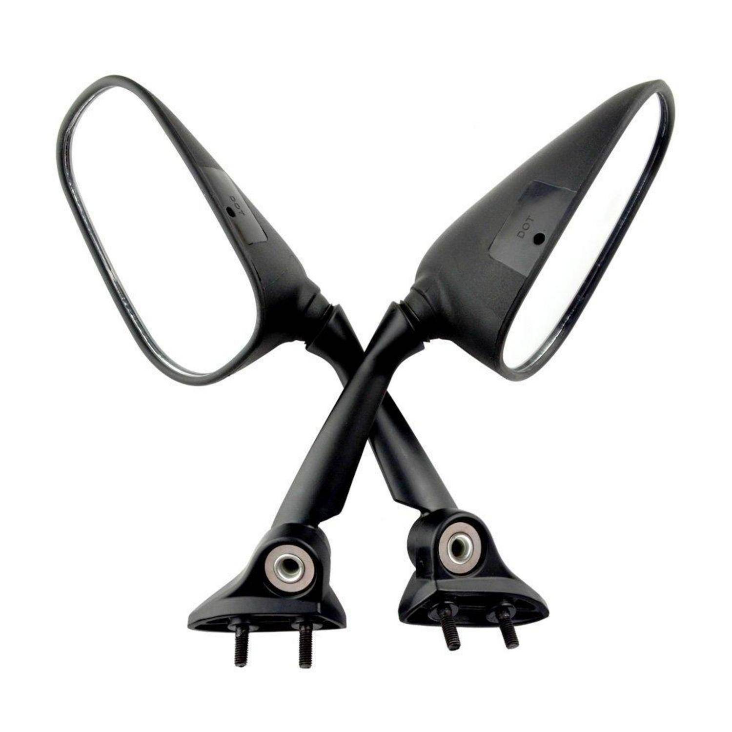Paar schwarze Motorradmirror mit ovalen reflektierenden Flächen und Befestigungsklammen, überkreuzt vor weißem Hintergrund.