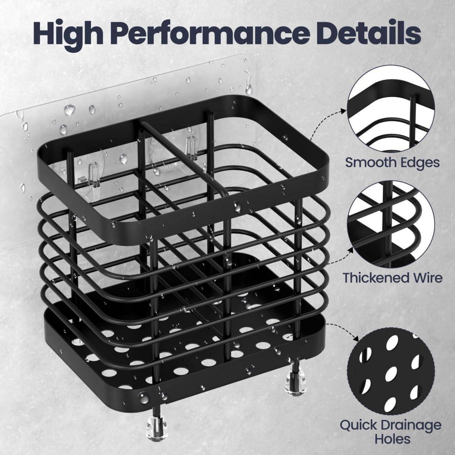 Abbildung eines schwarzen Metallkorbs mit glatten Kanten, verdicktem Draht und schnellen Drainagelöchern, gekennzeichnet mit „High Performance Details