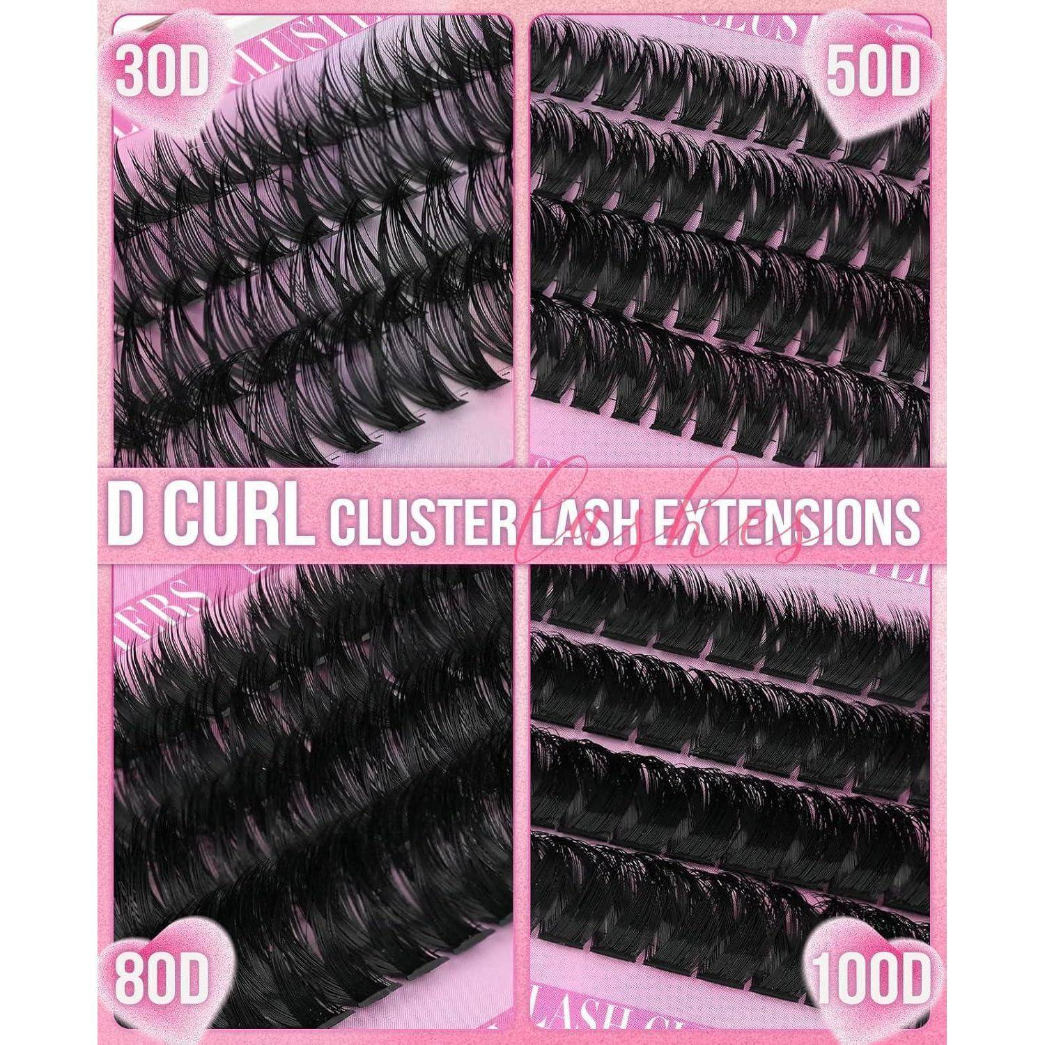 Rosa Produktcollage, die D-Curl-Cluster-Wimpernverlängerungen in vier Längen zeigt, die mit 30D, 50D, 80D und 100D gekennzeichnet sind.