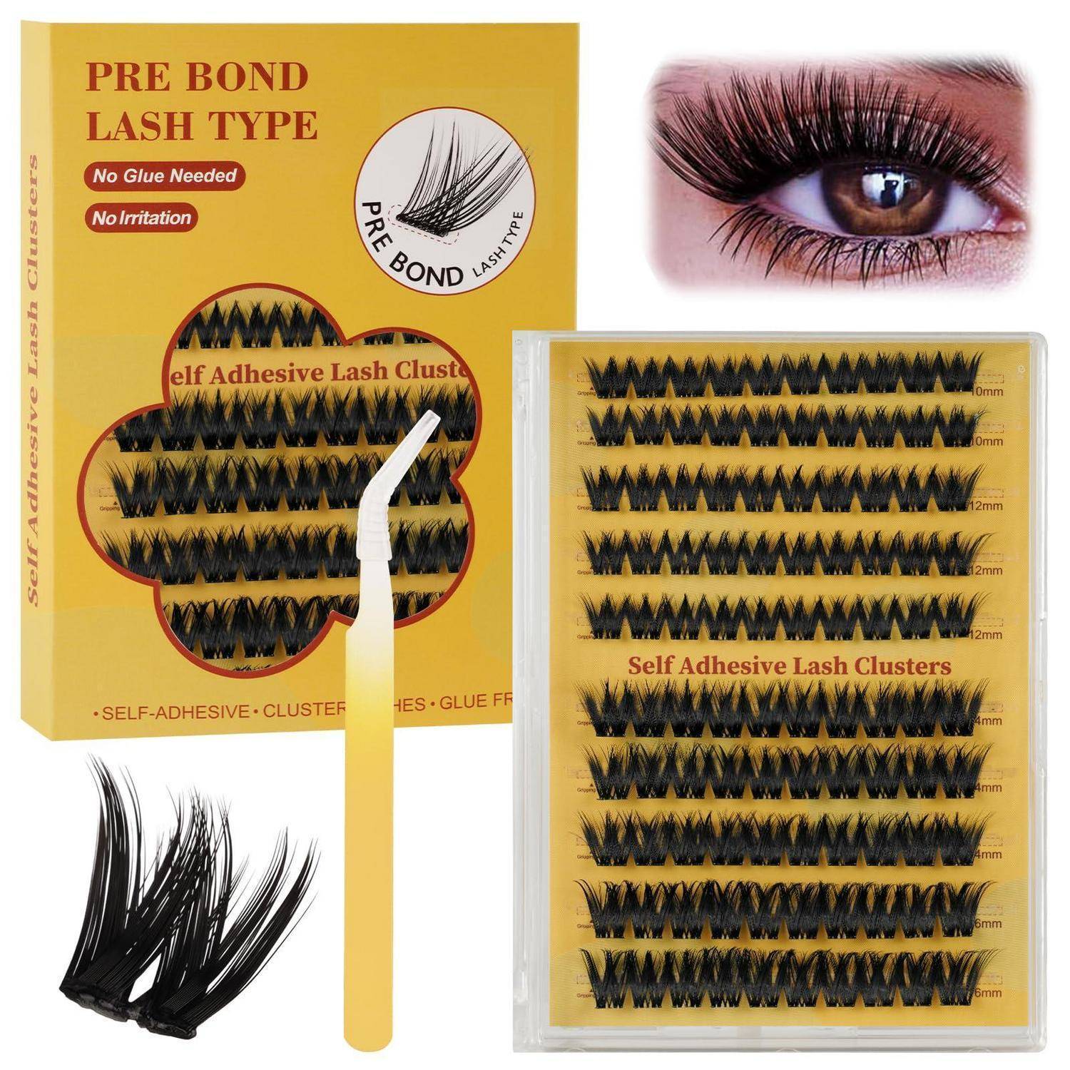 Produktbild von vorgeklebten selbstklebenden Wimpernbüscheln, das die Verpackung, das Applikator-Werkzeug, die Wimpernpaletten und eine Nahaufnahme eines geschminkten Auges zeigt.
