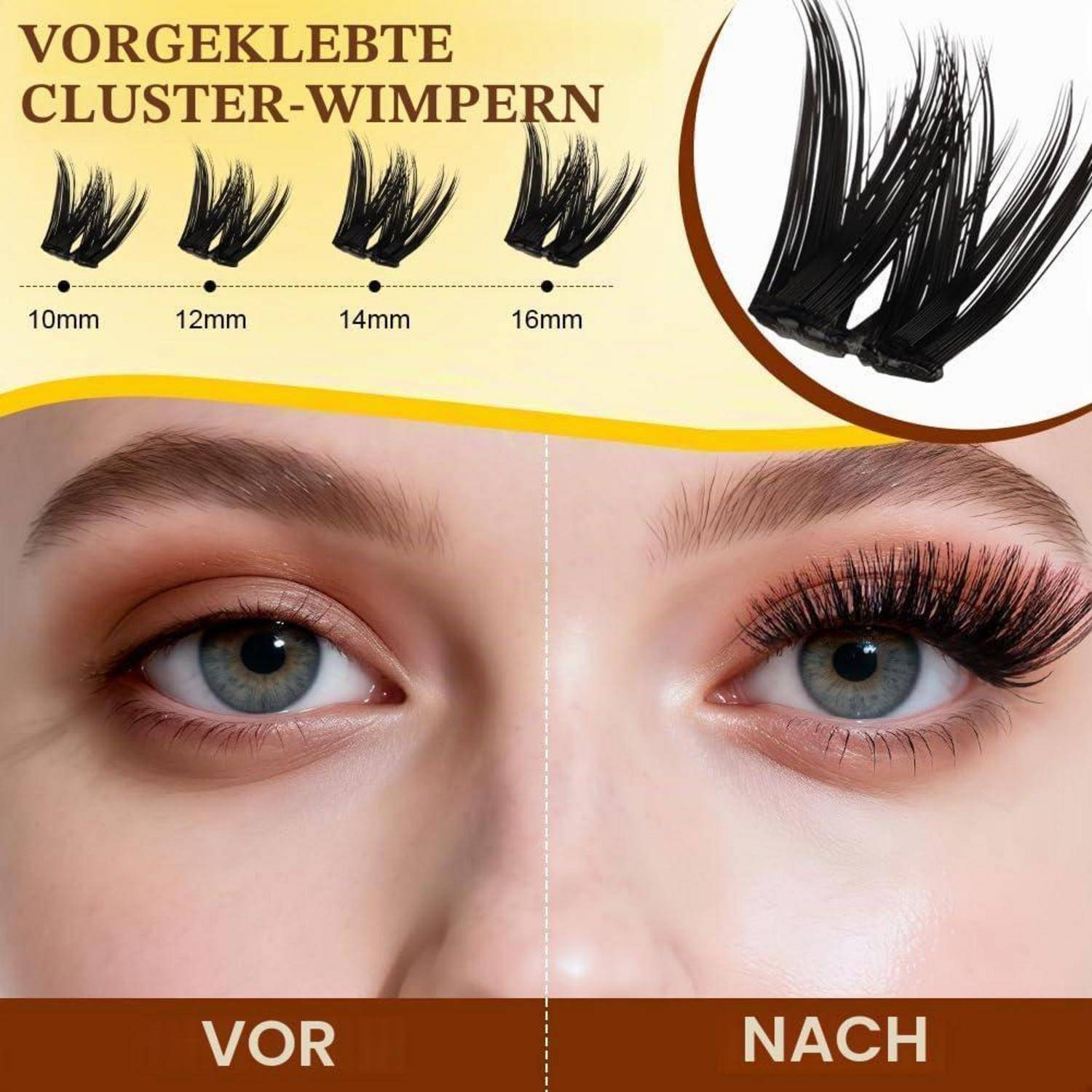 Vorher-und-nachher Nahaufnahme eines Auges mit vorgeklebten Cluster-Wimpern: links natürlich 'VOR', rechts verstärkt 'NACH'; Größen von 10 mm bis 16 mm dargestellt.