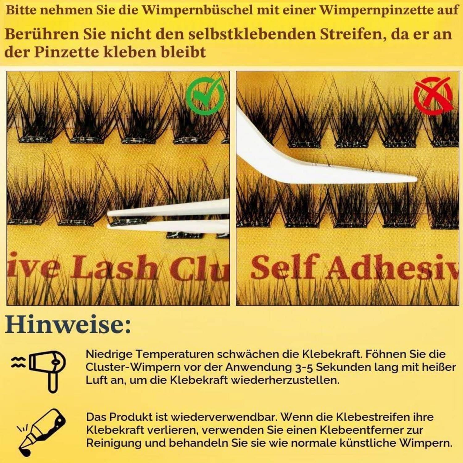 Anleitung zum Anbringen von künstlichen Wimpern: Verwenden Sie eine Pinzette, vermeiden Sie das Berühren des selbstklebenden Streifens, und wärmen Sie die Wimpern mit einem Föhn auf, wenn der Kleber schwächer wird.