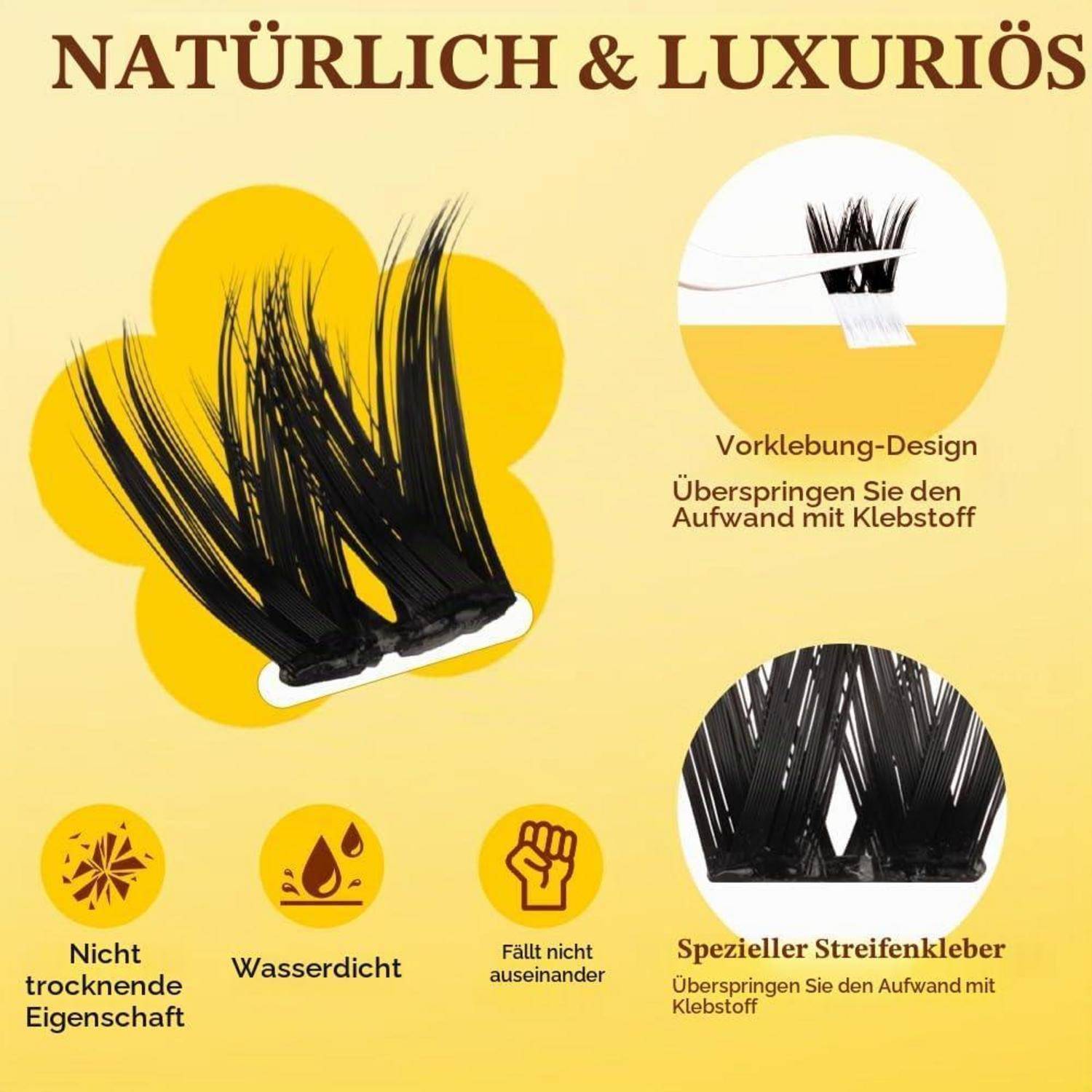 Deutsches Wimpernprodukt-Anzeige, das natürliche, luxuriöse künstliche Wimpern mit Beschriftungen für vorgebundenes Design, wasserfest, nicht austrocknend und nicht ausfallende Eigenschaften zeigt.