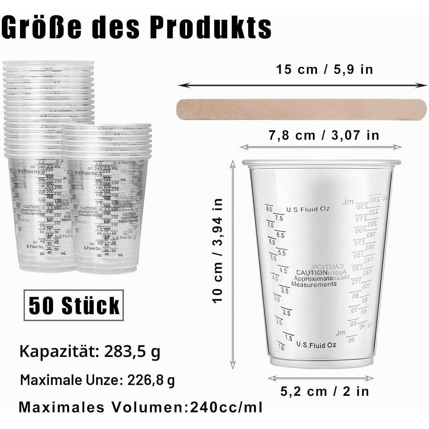 Infografik mit Plastikbechern in einer Packung mit 50 Stück und Produktgröße: 15 cm lang, 10 cm hoch, 7,8 cm oberer Durchmesser, 5,2 cm Bodendurchmesser; Fassungsvermögen 283,5 g, max. 226,8 g, max. Volumen 240 ml.