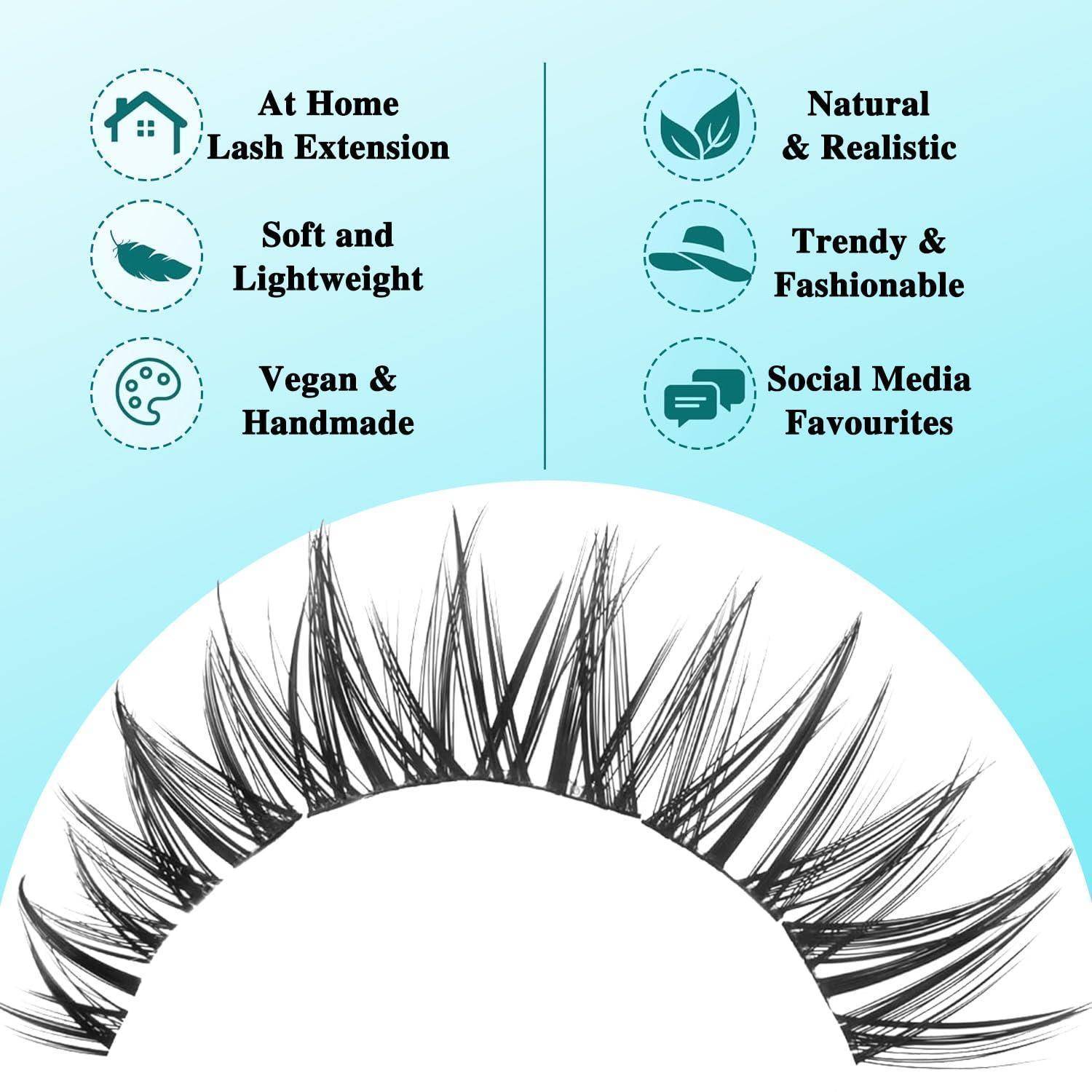 Werbebild von künstlichen Wimpern mit einem geschwungenen Wimpernstreifen unter Symbolen und Text: „Wimpernverlängerung zu Hause