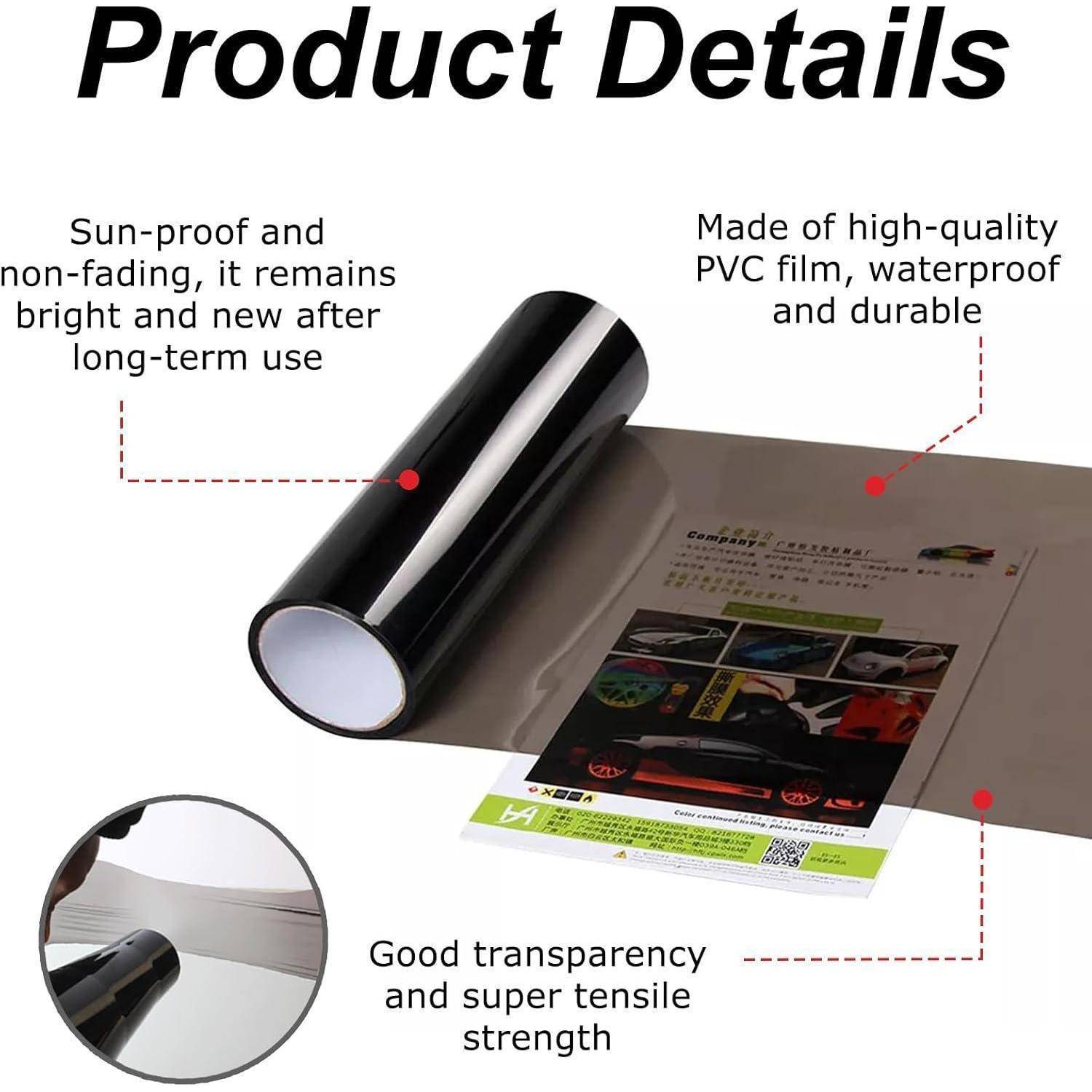 Produktdetails-Grafik, die eine glänzende schwarze PVC-Filmrolle auf gedrucktem Material zeigt, wobei die Merkmale sonnensicher, wasserdicht, langlebig, transparent und robust hervorgehoben werden.