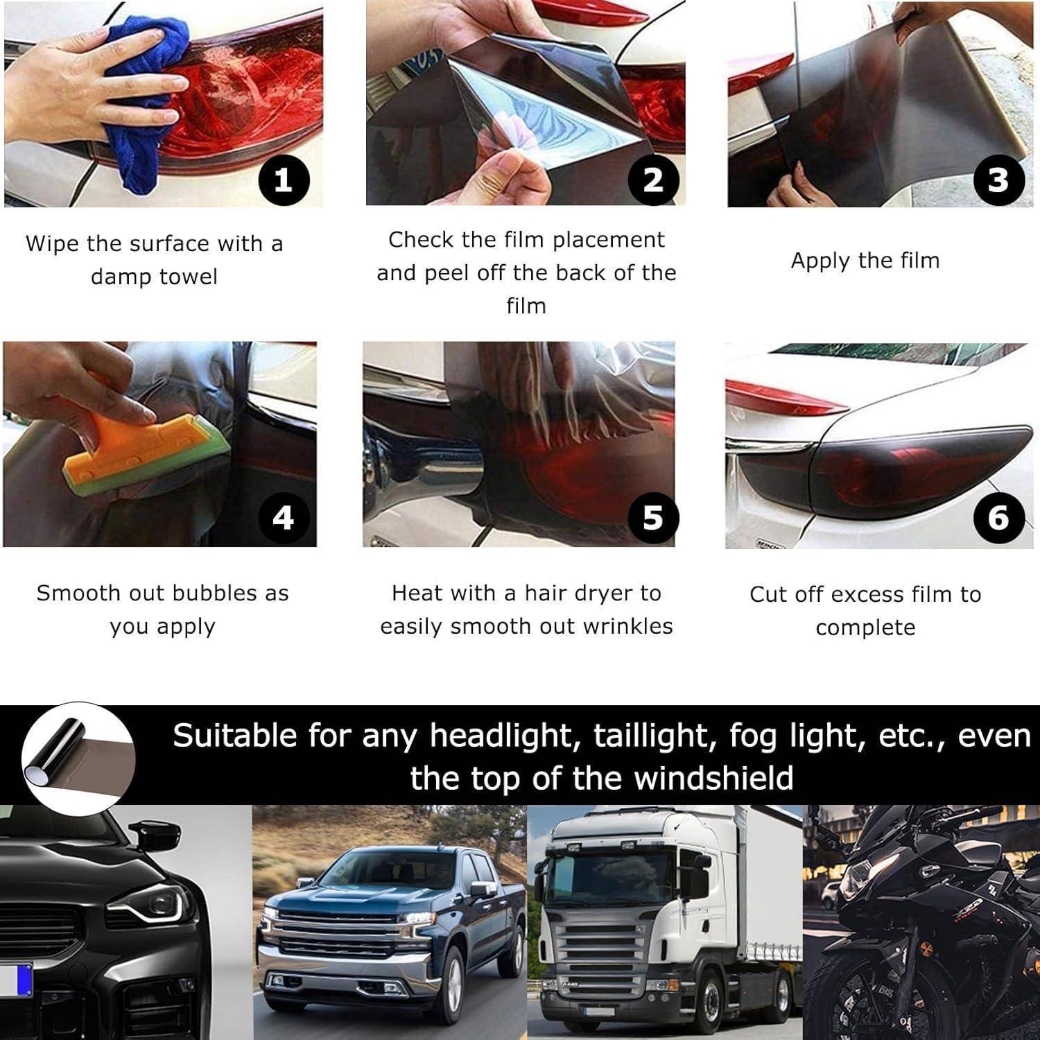 Schritt-für-Schritt-Anleitung zum Anbringen von getönter Folie auf Fahrzeuchleuchten: Reinigen, ausrichten, Schutzfolie abziehen, Blasen glätten, erhitzen, überschüssiges Material abschneiden; geeignet für Scheinwerfer, Rückleuchten, Nebelscheinwerfer und Windschutzscheibendächer.