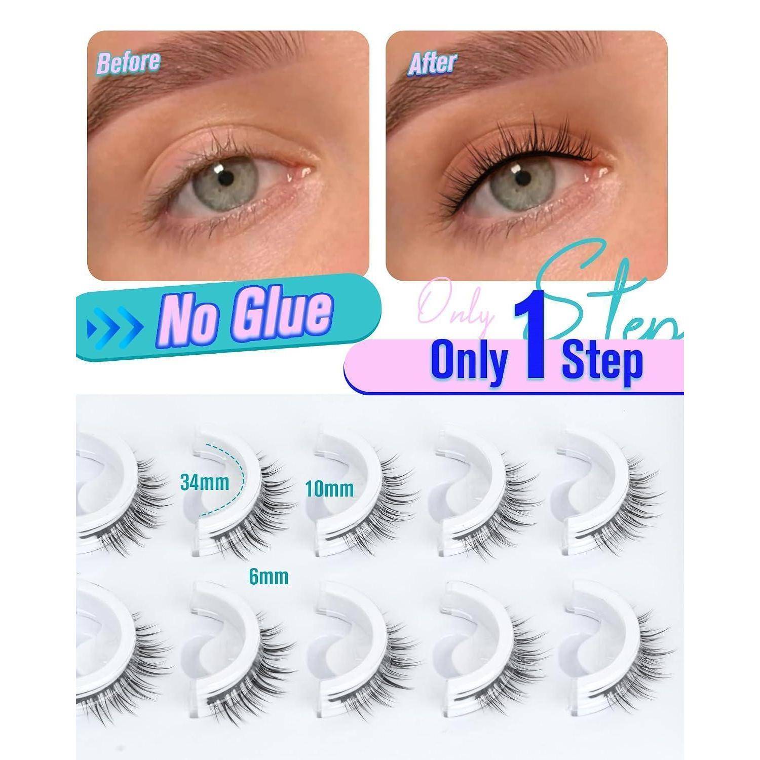 Werbebild, das vorher und nachher Augenmake-up zeigt: Künstliche Wimpern werden mit „Ohne Kleber