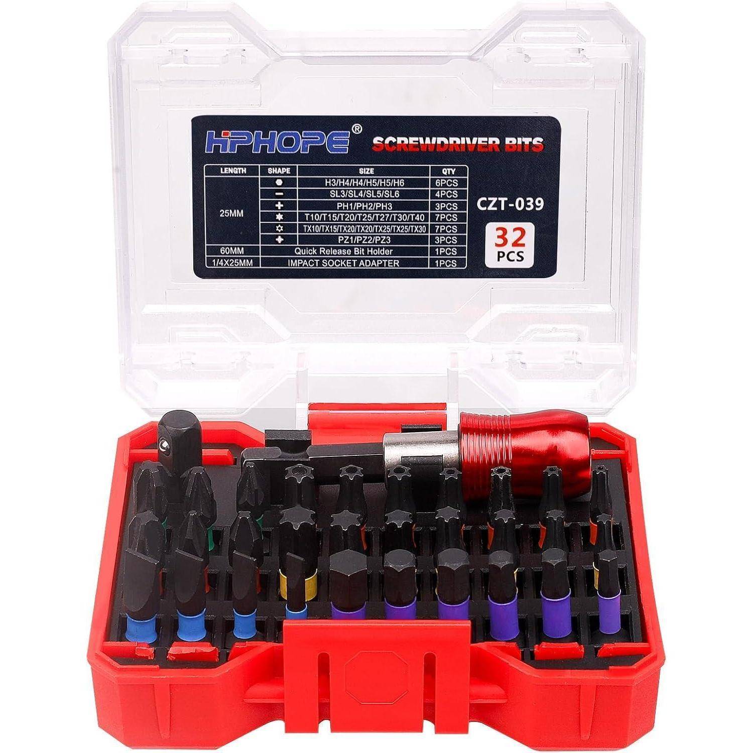 Rotes Schraubendreher-Bitset in transparentem Kunststoffkoffer mit der Aufschrift „HPHOPH Screwdriver Bits