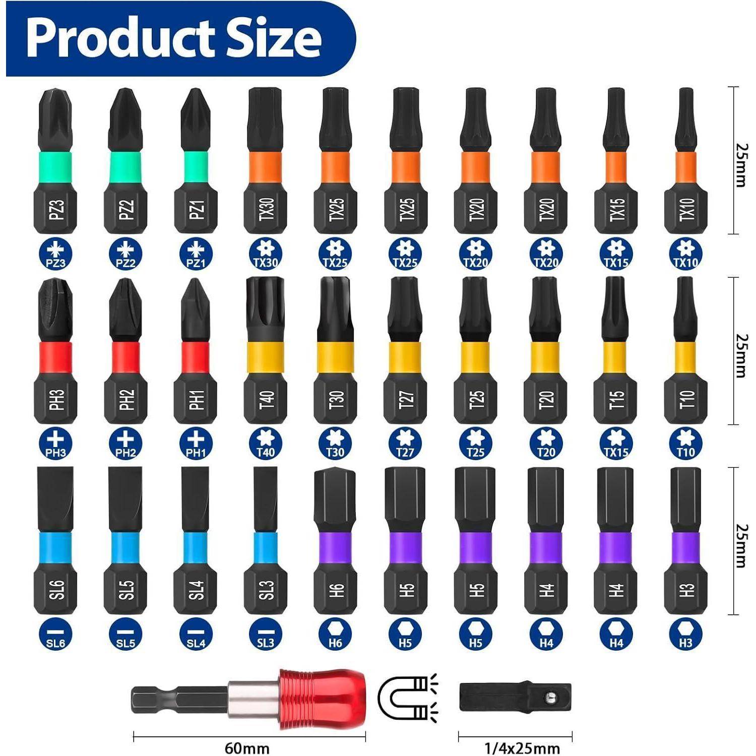 Größentabelle für Produkte mit sortierten Schraubendreher-Bits in drei 25-mm-Reihen, gekennzeichnet mit PZ, TX, PH, T, SL, H, plus 60-mm-Griff und 1/4x25-mm-Adapter.