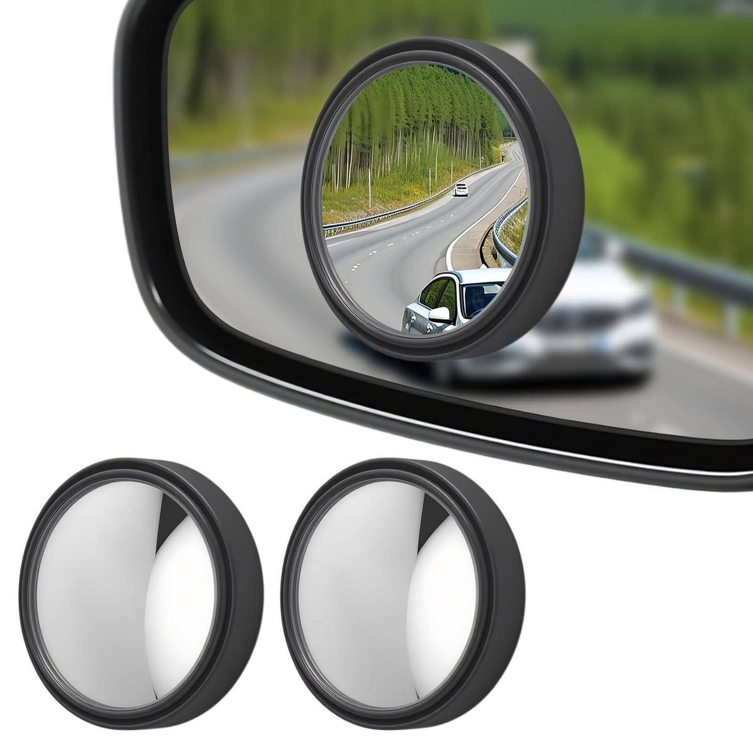 Werbebild eines runden Außenspiegels für Autos mit erweitertem Sichtfeld, das zwei zusätzliche Spiegelaufsätze darunter zeigt.