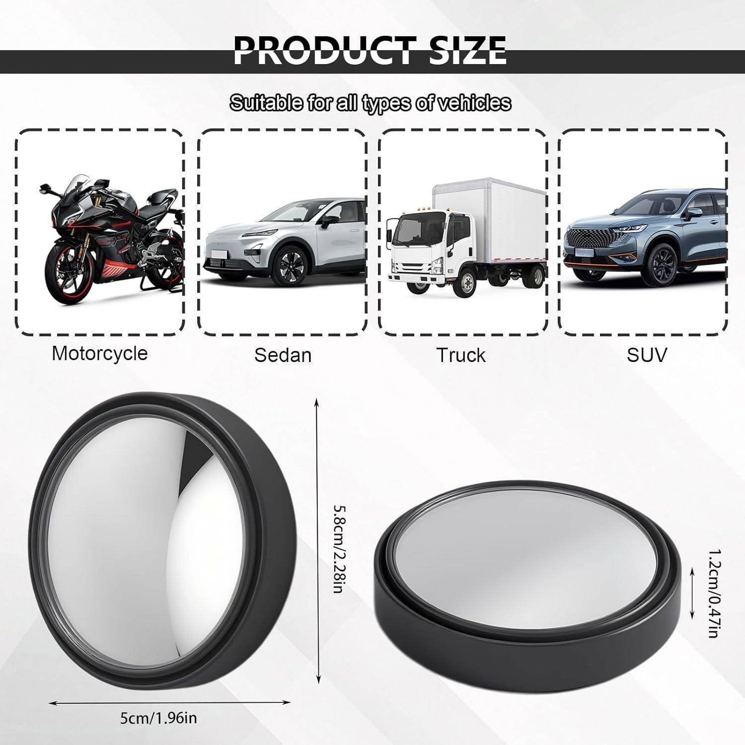 Produktgrößen-Grafik für ein universelles Fahrzeugzubehör, das für Motorrad, Limousine, Lastkraftwagen und SUV geeignet ist, mit Abmessungen von 5 cm Breite, 5,8 cm Höhe und 1,2 cm Dicke.